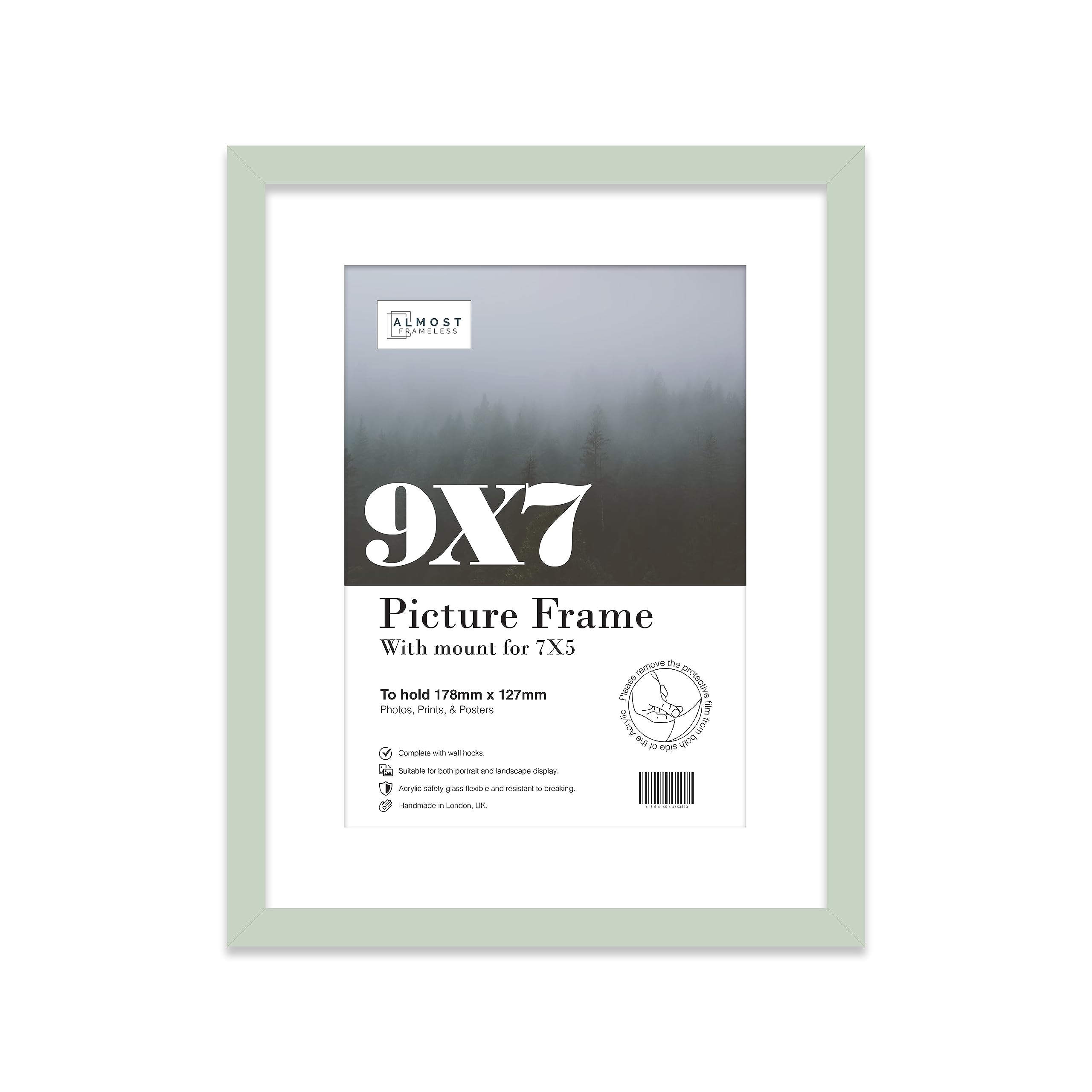 Almost Frameless 9x7 Mint Picture Frame With Mount for 7x5 Print, Poster or Photo Poster, Photo, Artwork, or Print. Thin Edge Slim Frame Portrait and Landscape Display with Wall Hooks