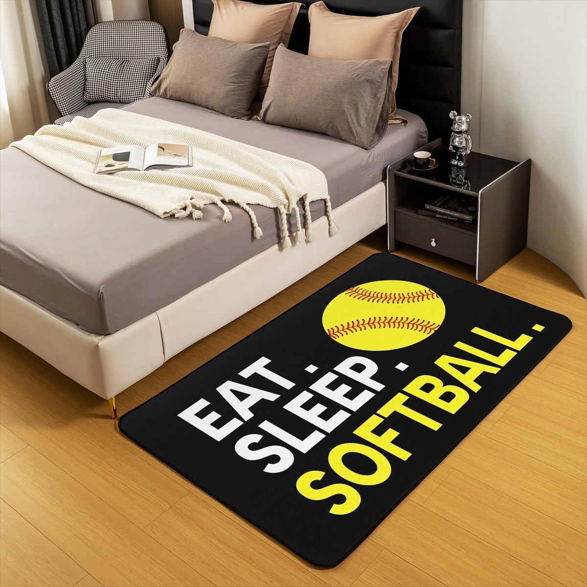 Feelyou Softball Area Rug 3x5 Black Sports Game Living Room Rugs Softball Gaming Decorative Rug Mat for Kids Boys Girls Teens Gift for Softball Lover Indoor Floor Mat Non-Slip Accent Rug