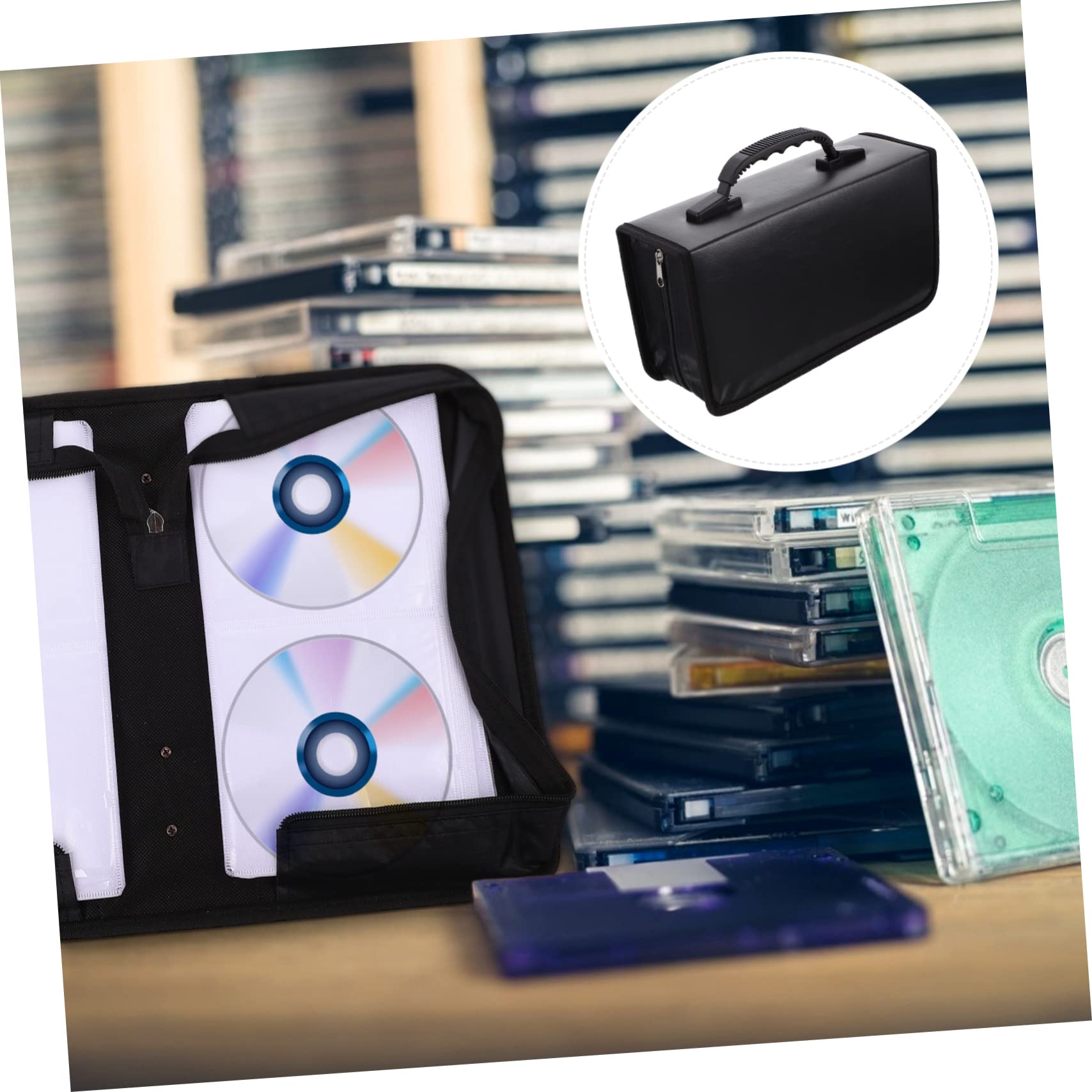 Pochette Porte-CD PU Noire 128 Disques Lot de 2, Étui à Fermeture Éclair