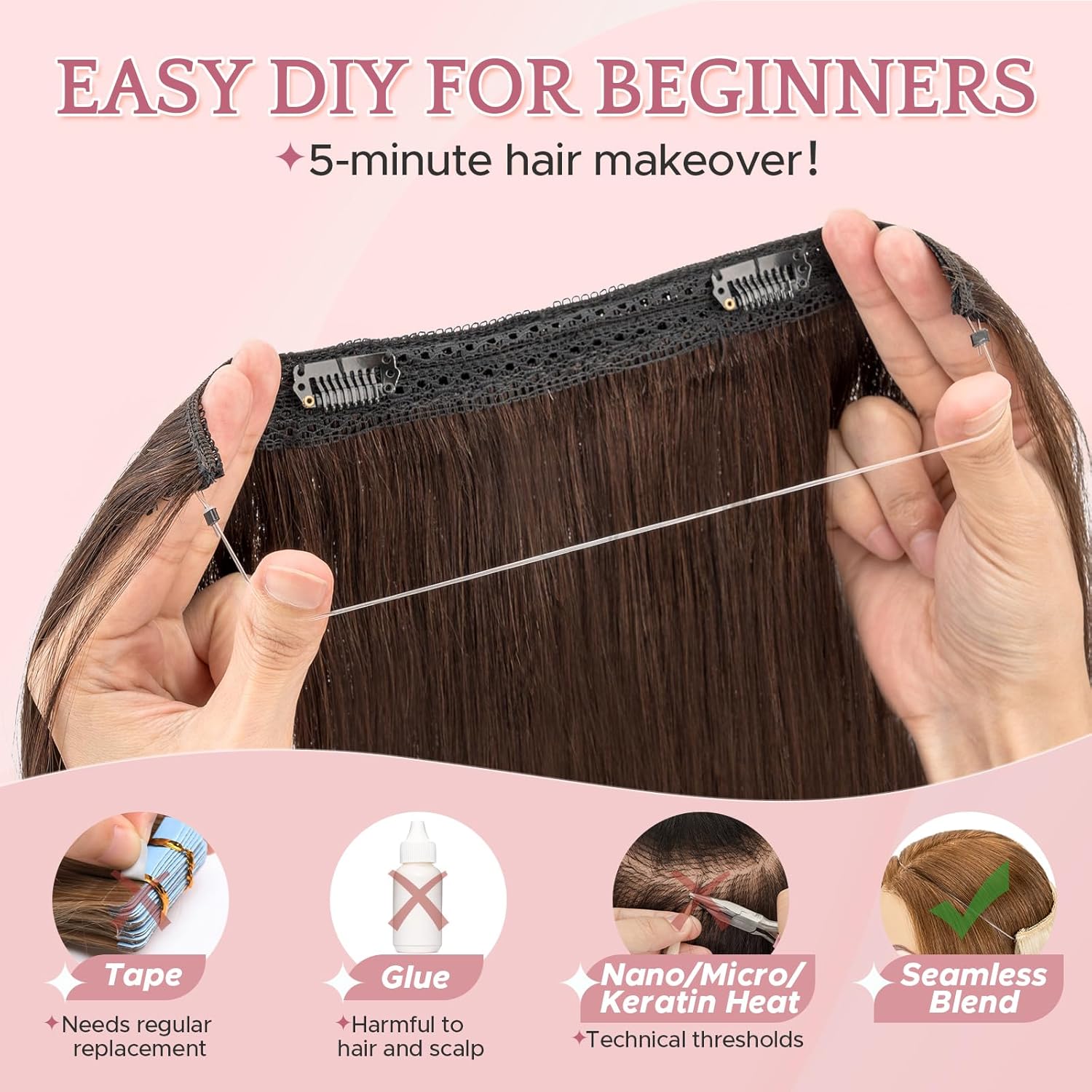 SEGO Invisible Wire Hair Extensions, Real Human Halo Hair Adjustable Wire Extensions, 2 Clips for Women Transparent Fish Line Extensions, Add Length, 20 inches, Dark Brown, 70g