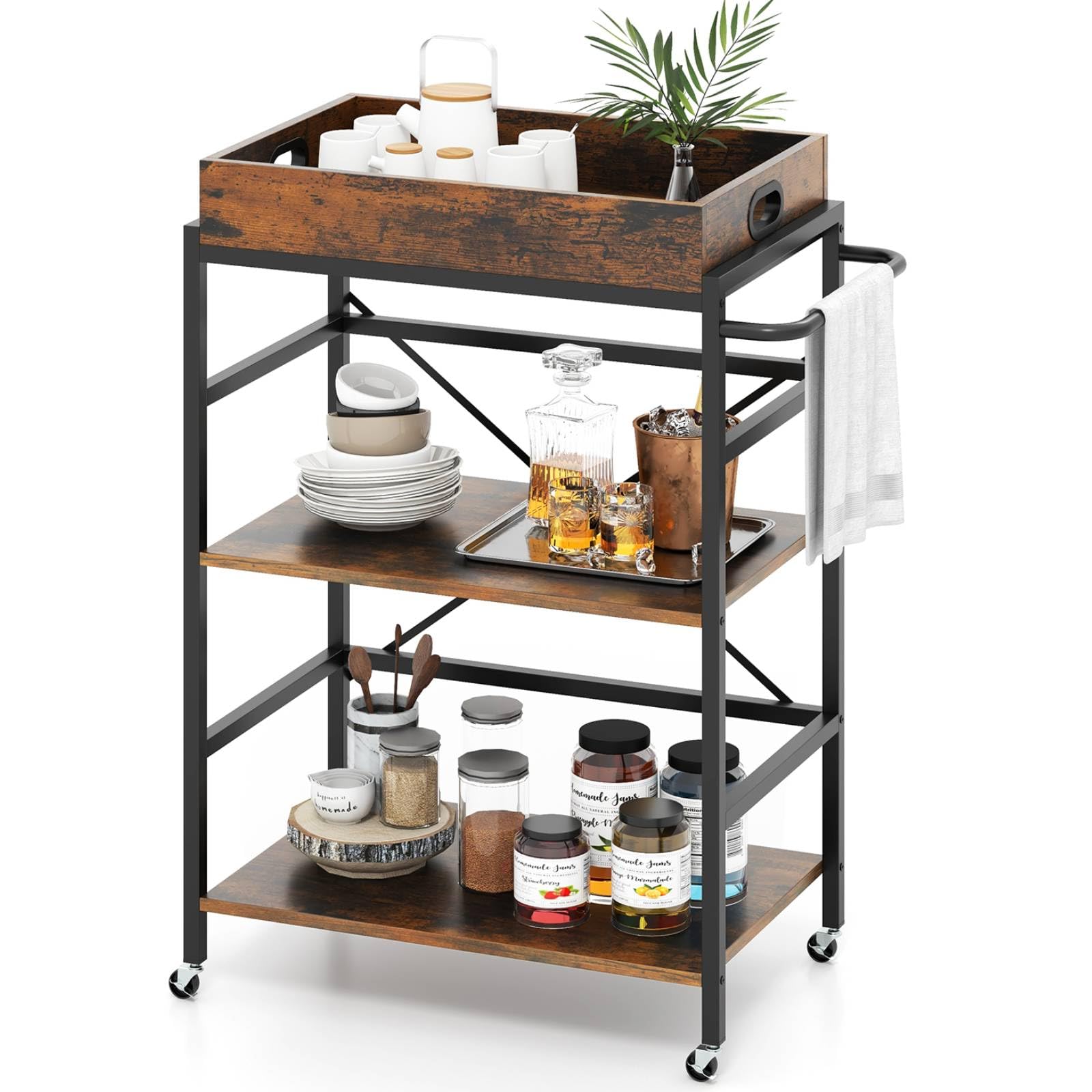 COSTWAY Mobile Kitchen Serving Trolley with Removable Tray and Glass Holder, 3-Tier Bar Storage Cart on Lockable Wheels, Restaurant Dining Room Drinks Trolley (without Glass Holder,73x40x93cm) — image 1