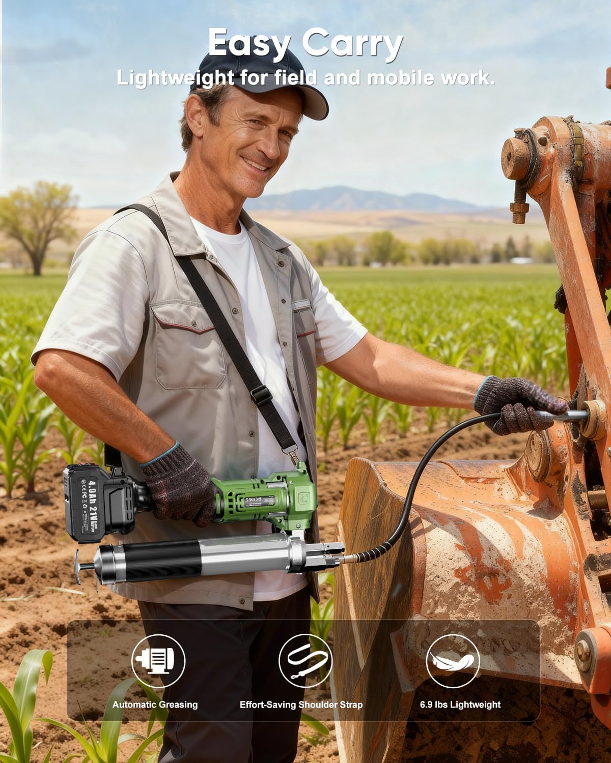 J-KU Electric Grease Gun 12000 PSI: Cordless Grease Gun with 8000 mAh Batteries, 5.6 oz/min, 39.4" Hose & 90° Coupler, LED Light - Effortless Heavy-Duty Tool Kit for Farm,Tractor & Heavy Equipment