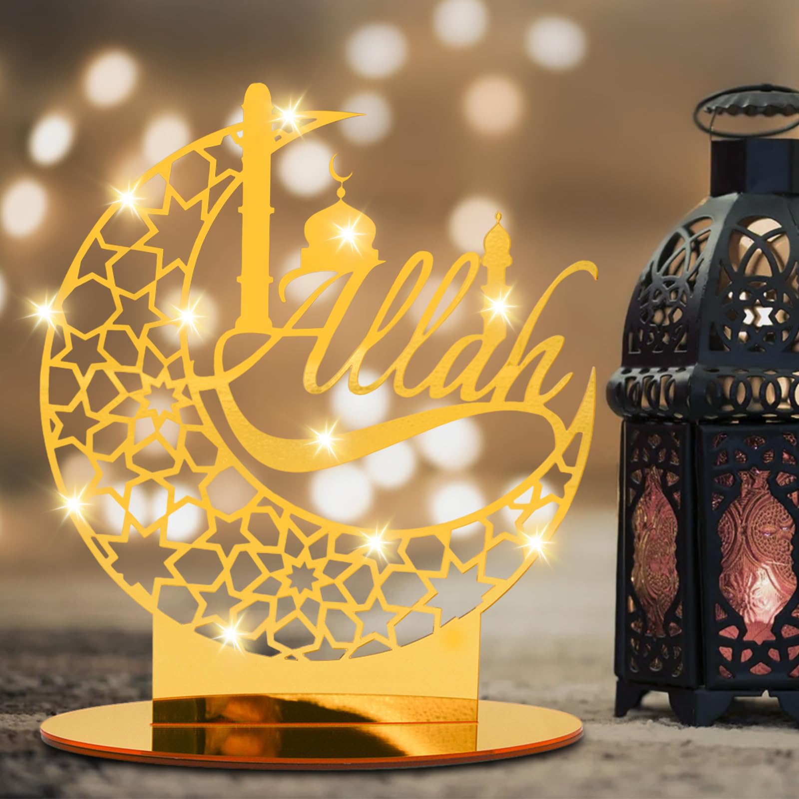 Ramadan Eid Mubarak Dekoration – 2-teiliges Acryl-Set Mit LED-Lichterkette, Mond & Sternen