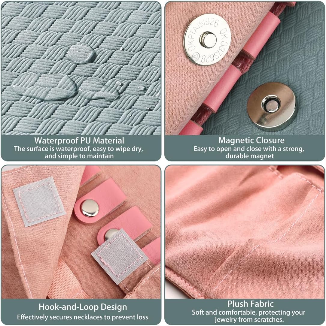 Foldable Jewelry Organizer for Travel, Compact PU Leather Jewelry Bag with Zippered Pouch, Tangle-Free Roll Up Storage for Earrings, Necklaces, Rings, Bracelets, Portable Jewelry Roll (Pink, Blue)