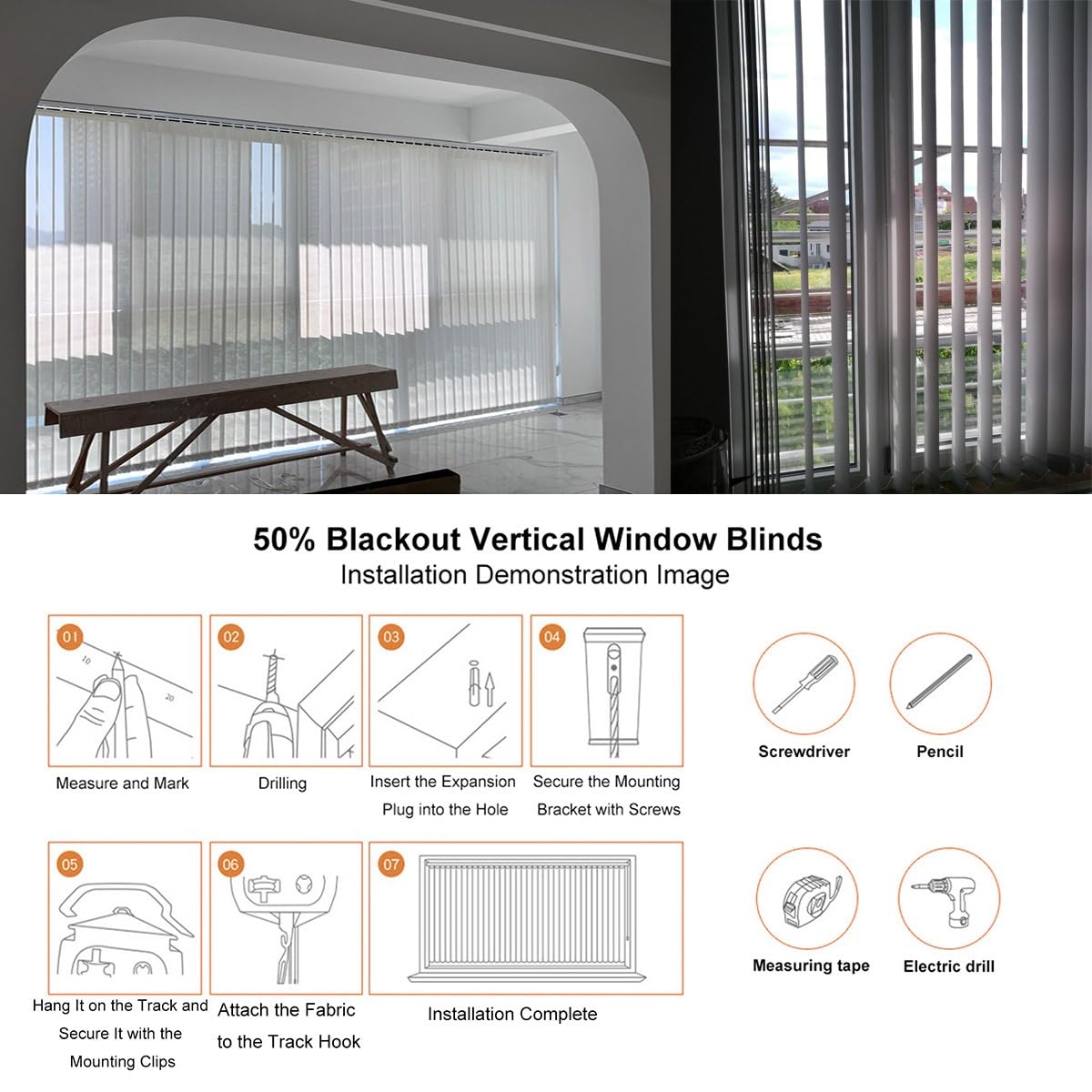 Générique Occultant Store à Lamelles Verticales 70 130 170 300 200 90 100 160 190 cm, Rideau Coulissant Blanc en Tissu pour Maison Appartement, Stores Californien Kit Complet Anti-UV(100cmWx100cmH)