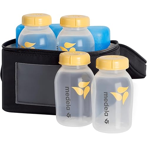 Medela Breast Milk Cooler Set with Cooler Storage Bag, Contoured Ice Pack, and Four 5-oz. Bottles for On-The-Go Transport, Made Without BPA
