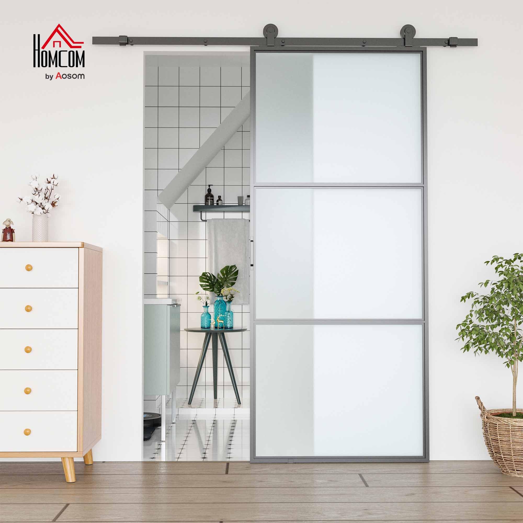 HOMCOM Kit Porta Scorrevole con Binari, Fermi e Guide, Kit per Porte Scorrevoli in Acciaio al Carbonio, 200x40x0.6 cm, Nero