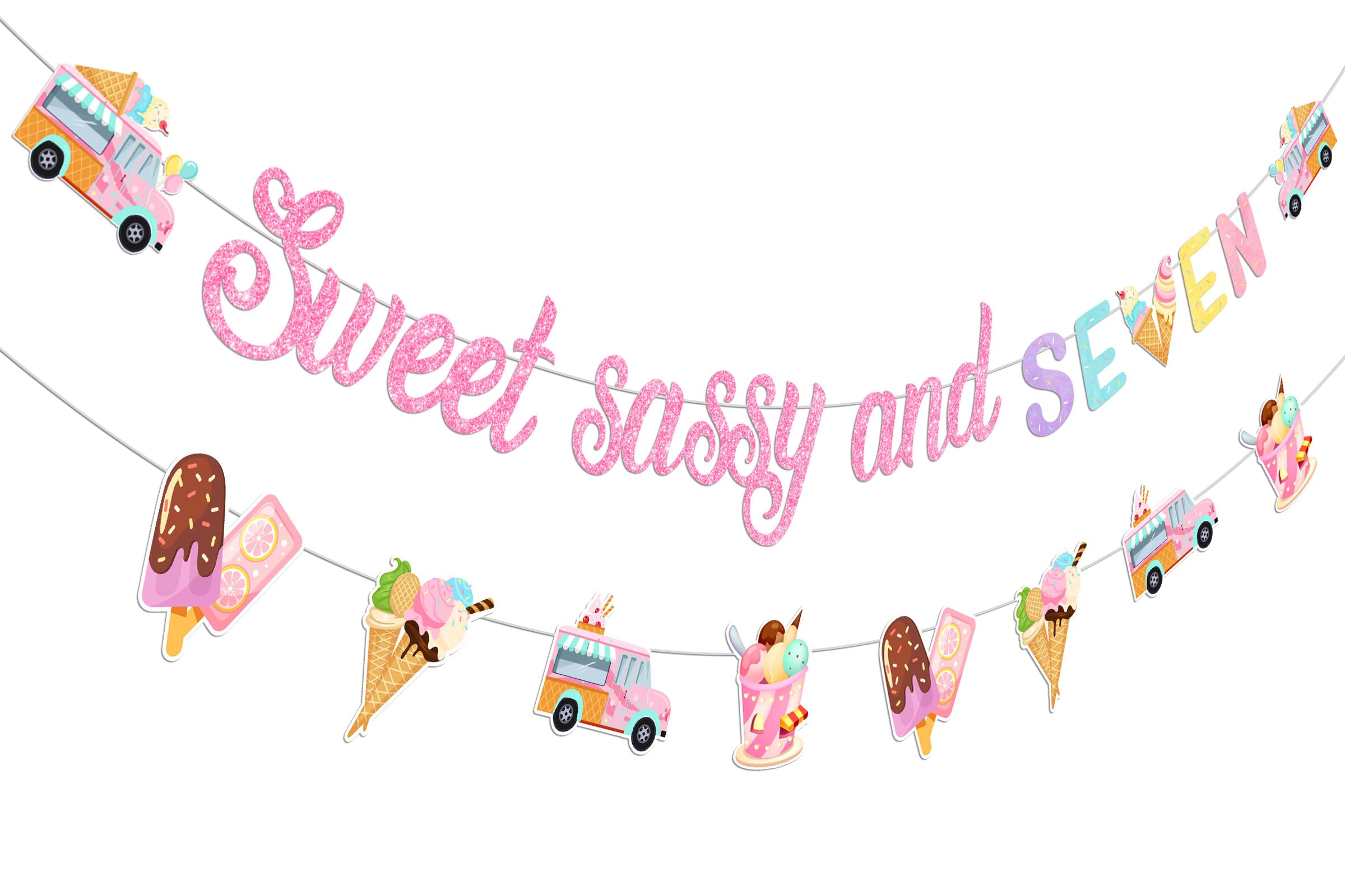 Jollyboom Sweet Sassy and Seven Banner for Girls, Ice Cream 7th Birthday Banner Glitter for Girl Summer Ice Cream Theme 7th Birthday Decoration