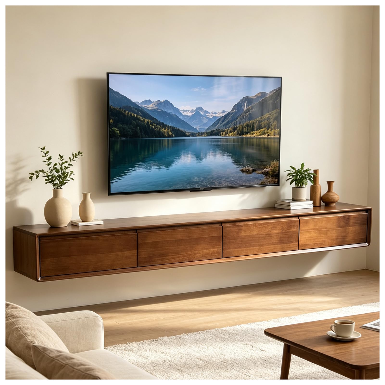 Jungle Mueble de TV de 200cm Nogal+Negro, Mueble Flotante Salón con 2 Cajones 2 Puertas, Gran Almacenamiento para Salón, Comedor, Dormitorio y Oficina