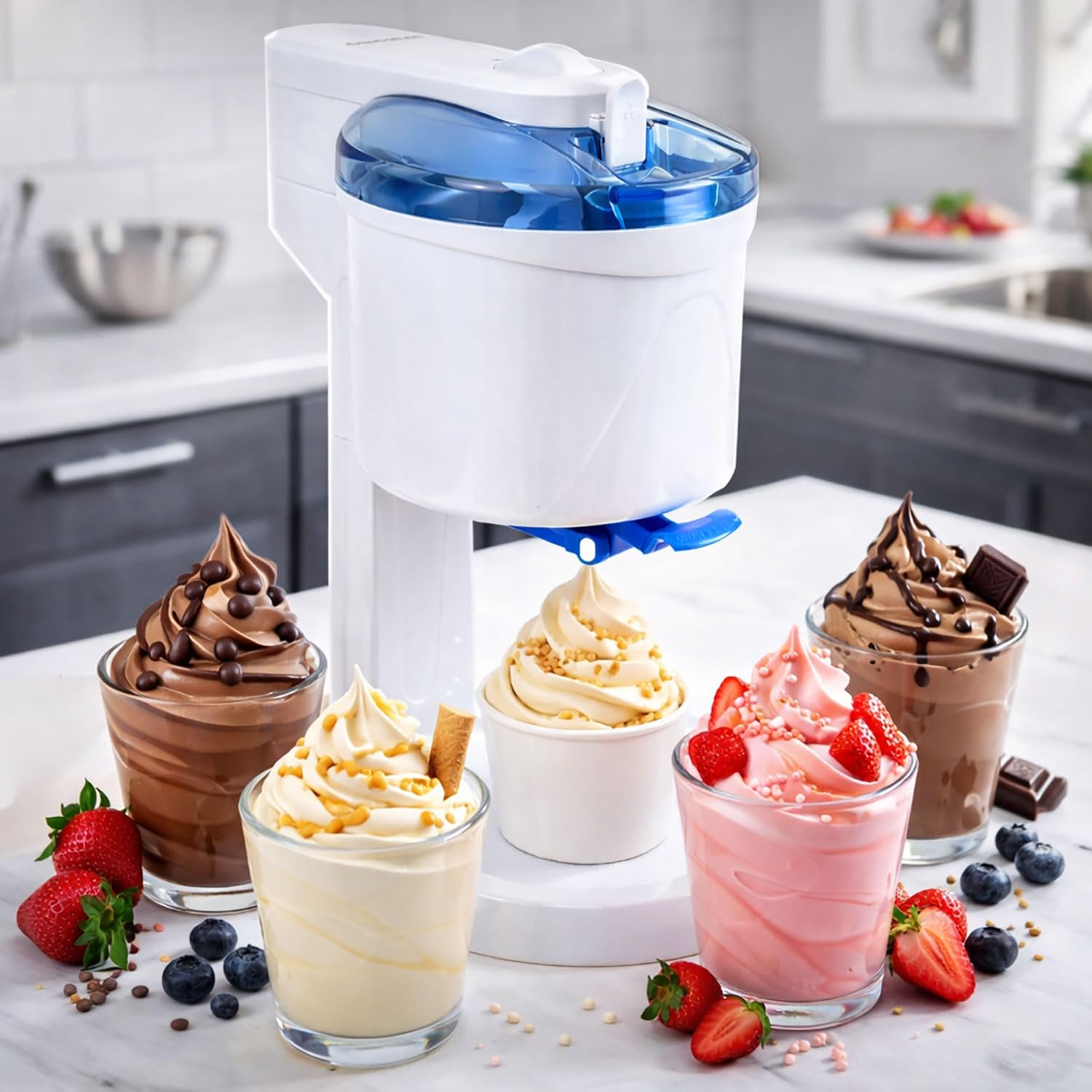 Gino Gelati Softeismaschine | Eismaschine für Zuhause | 1L Kapzität | schnelle Zubereitung ca. 20 Min | einfache Bedienung | ohne Kompressor | Blau/Weiß