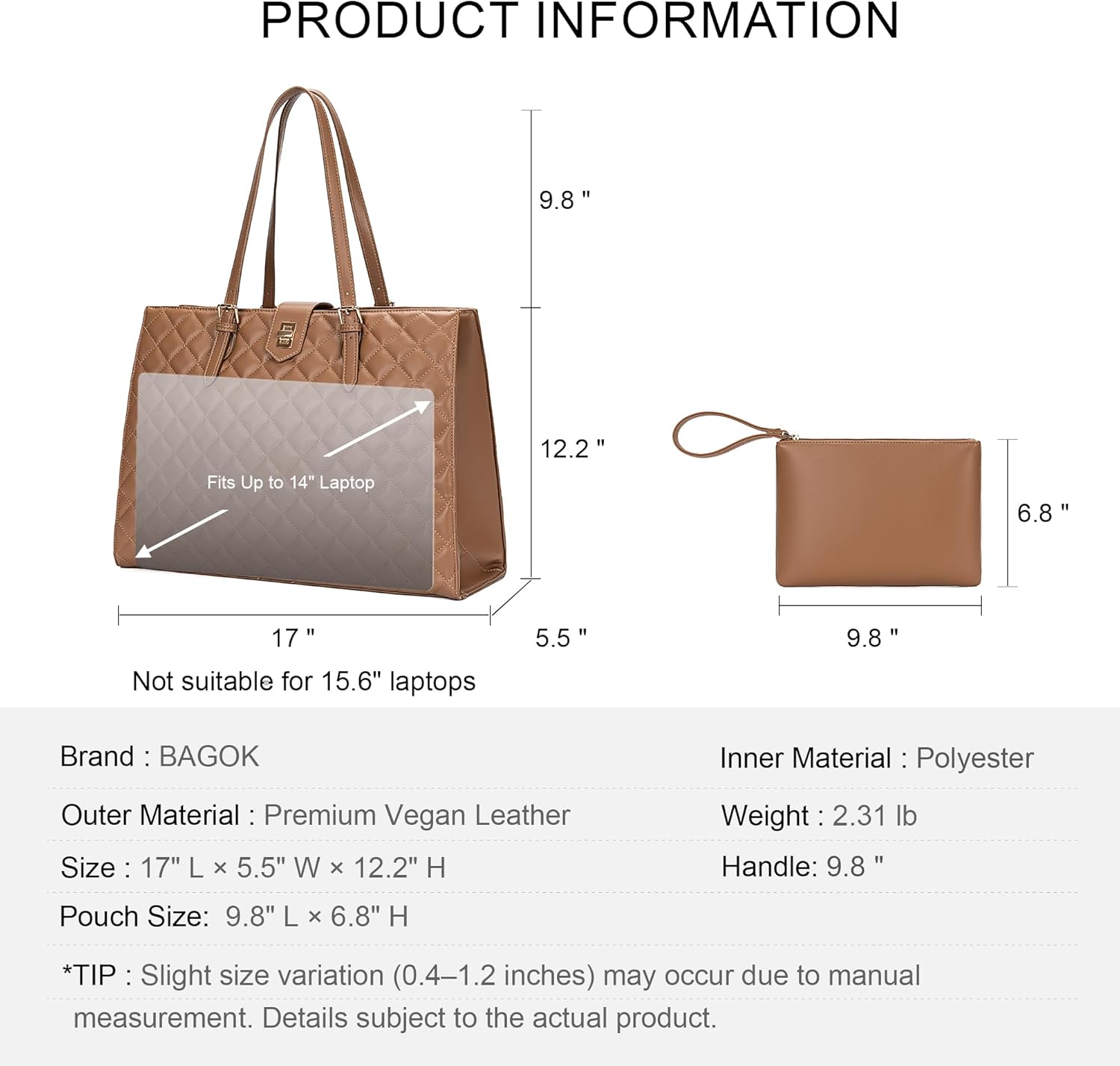 Quilted Laptop Tote Bag for Women with Laptop Compartment & Pockets, Fits 13-14" Laptop, Nurse Teacher Bag for Office