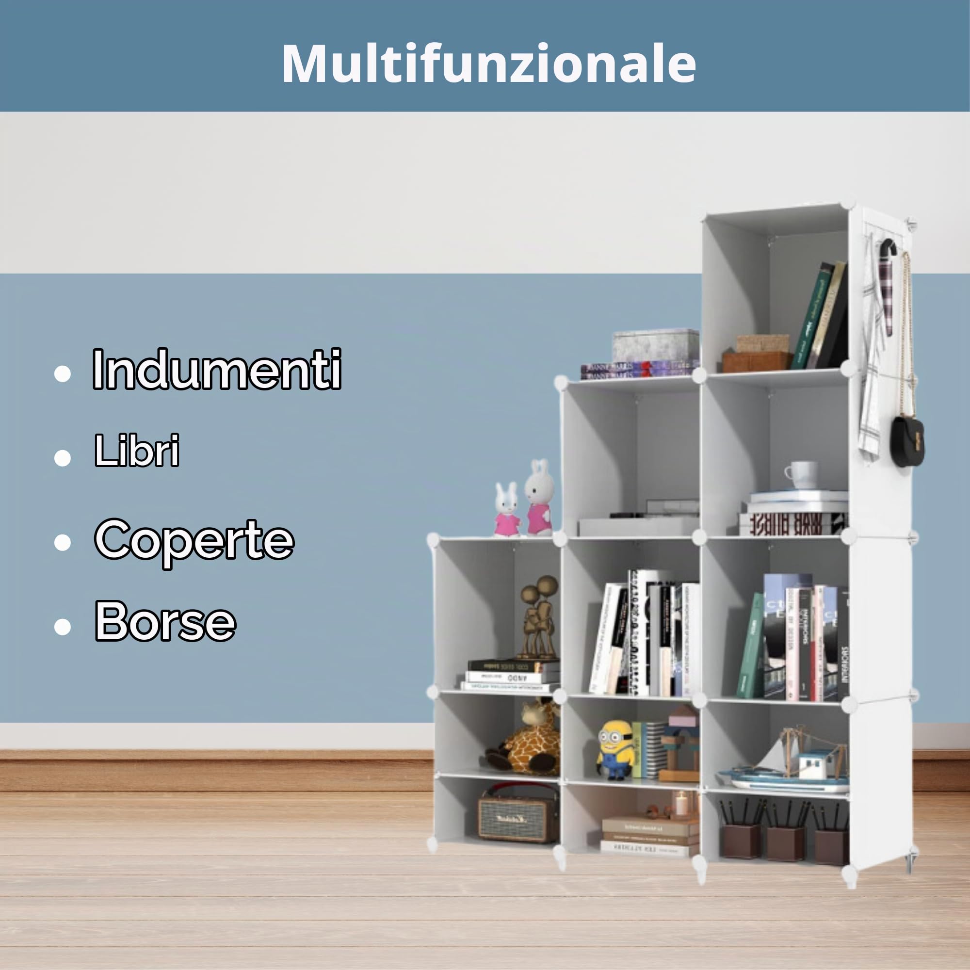 Scaffale Modulare con 9 Scomparti, Scaffali Modulare in Plastica, Scaffale con Moduli, Cubo Portaoggetti, Libreria in Plastica, per Scarpe, Vestiti, Libri, Montaggio Facile, Armadio, Bianco.