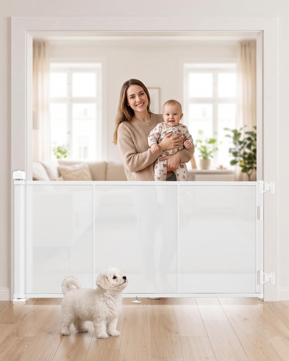 Upgraded 180cm Reinforced Retractable Stair Gate with Reinforced Strip Design to Prevent Crawling Through, 86cm Tall Retractable Baby Gate for Doorways, Hallways