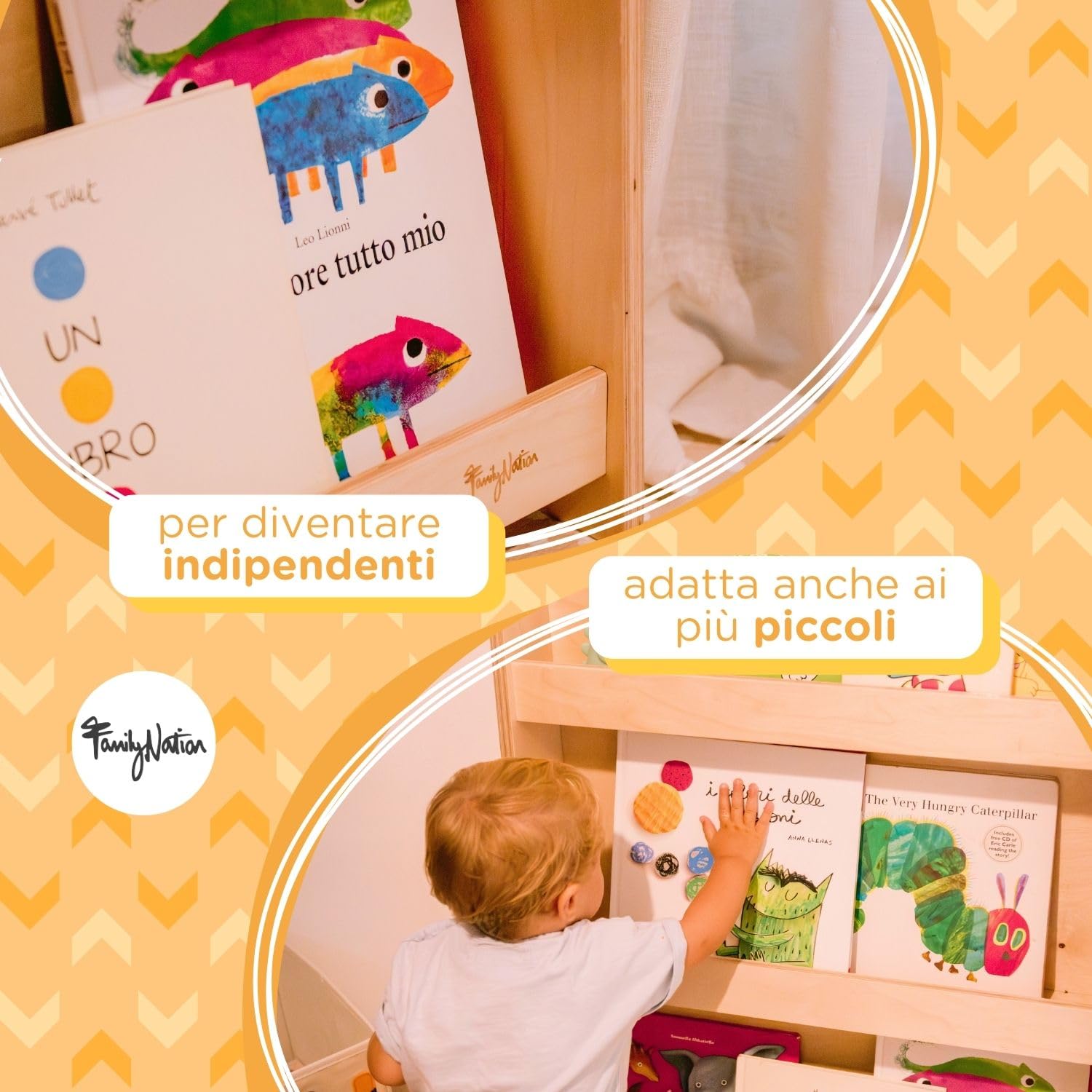 Family Nation, Libreria Frontale Montessoriana Cloud per Bambini, Ideale per Contenere e Organizzare Libri, Solida Struttura in Legno, Natural, 95x60x12,5cm