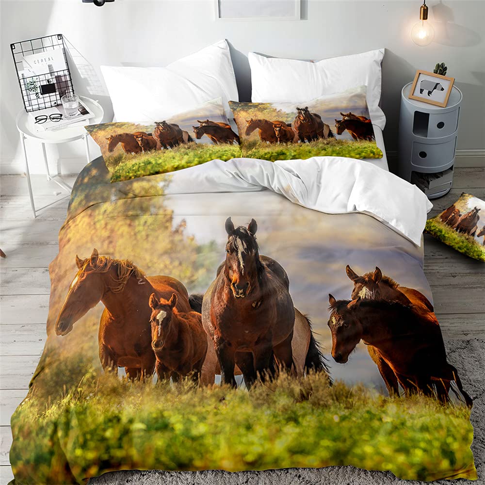 Surwin Men's Grassland Bedding Set Microfiber 3Pcs For Double Single Size, 3D Horse Duvet Cover Set With Animal Printing Quilt Cover & 2 Pillowcases For King Super King Adult Kids (,Double 200X200cm)