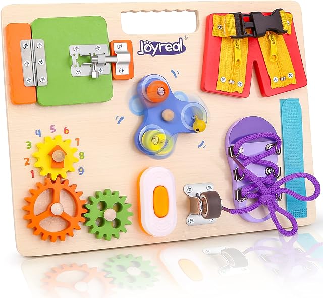 Joyreal Wooden Busy Board for Toddlers - Montessori Toys 1 2 3 4 Years Old Sensory Activity Board Toys Toddler Travel Toys for Plane