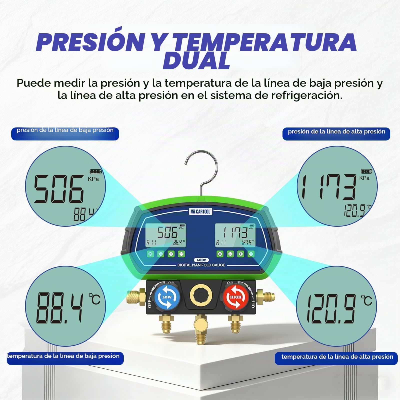 Manómetro digital L302 Colector de refrigerante HVAC de gas Manómetros digitales con 3 tubos 90 Refrigerantes para sistemas de refrigeración R32 R410a
