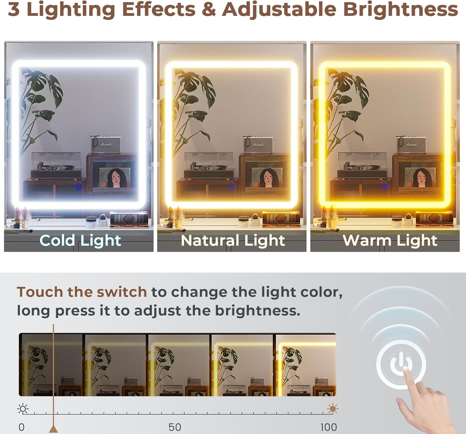 BTHFST Makeup Vanity with Charging Station & 3-Layer Jewelry Box, Vanity Desk with Sliding Mirror and Lights, Vanity Table with 8 Necklace Hooks & 5 Drawers & Shelves, White