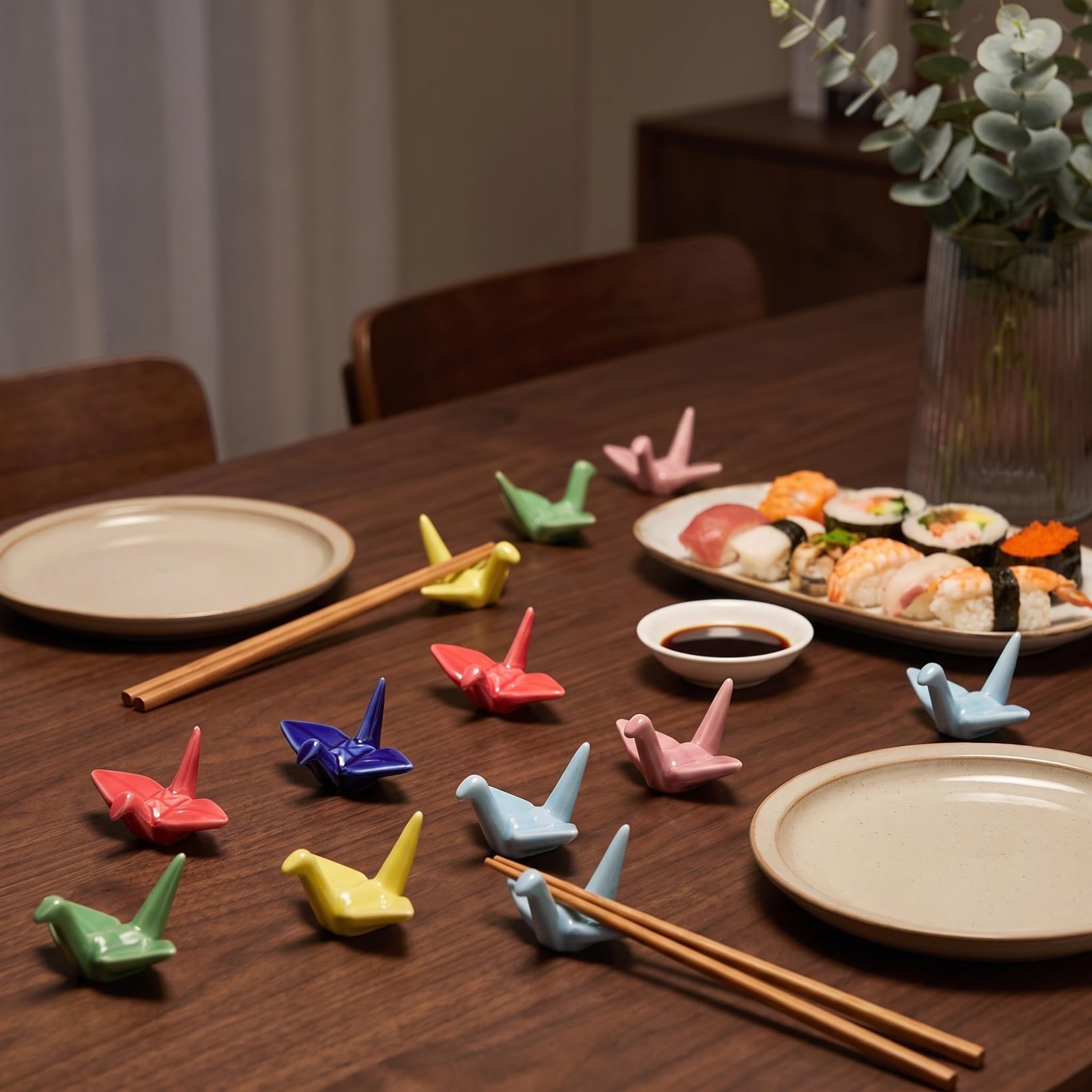 Veemoon Lot de 24 baguettes en porcelaine, support de baguettes en céramique, origami japonais
