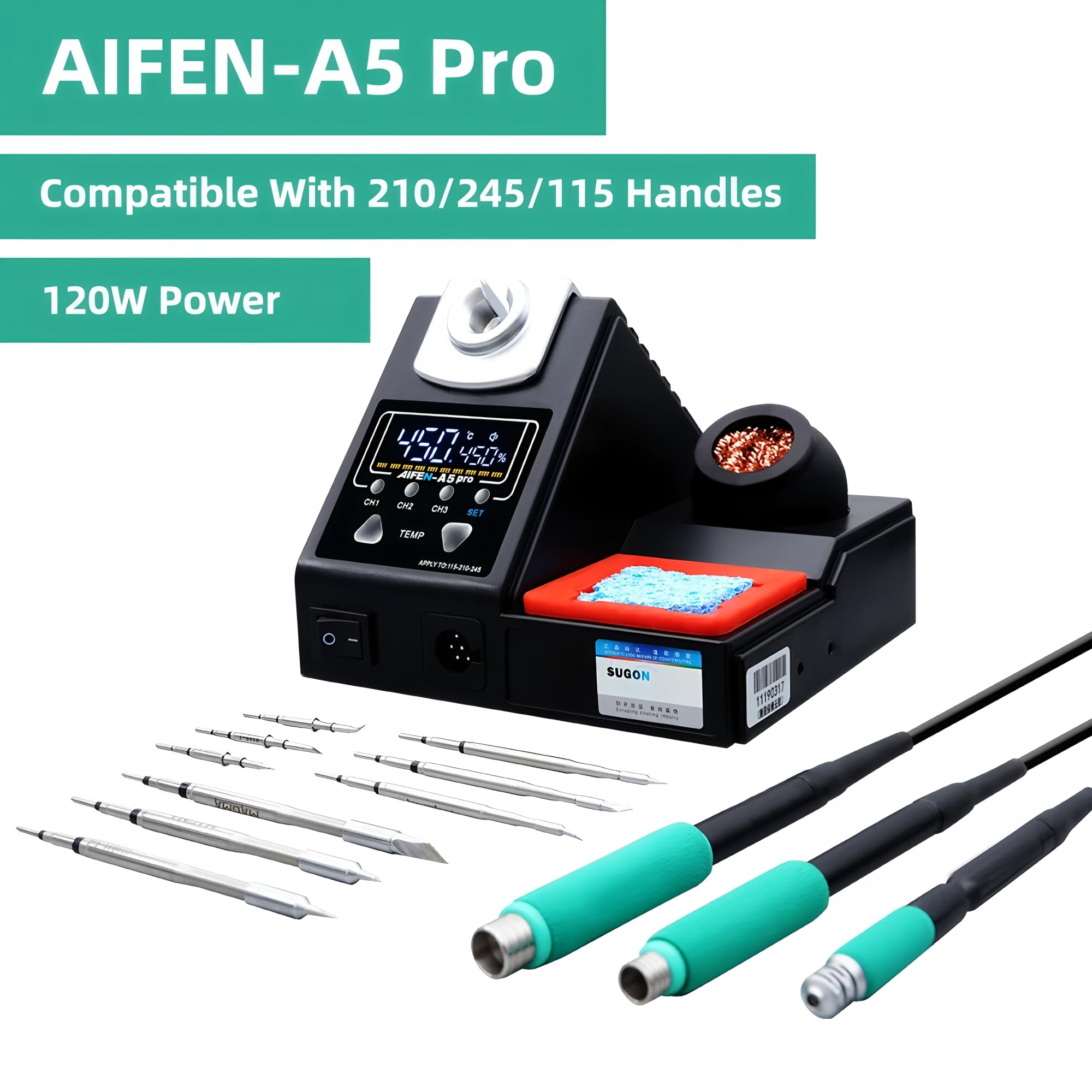 Estación de soldadura AIFEN A5 Pro Compatible con punta original de soldador 210/245/115 Pantalla digital LCD Estación de retrabajo de soldadura (A5pro 3Manguitos+9PCS)