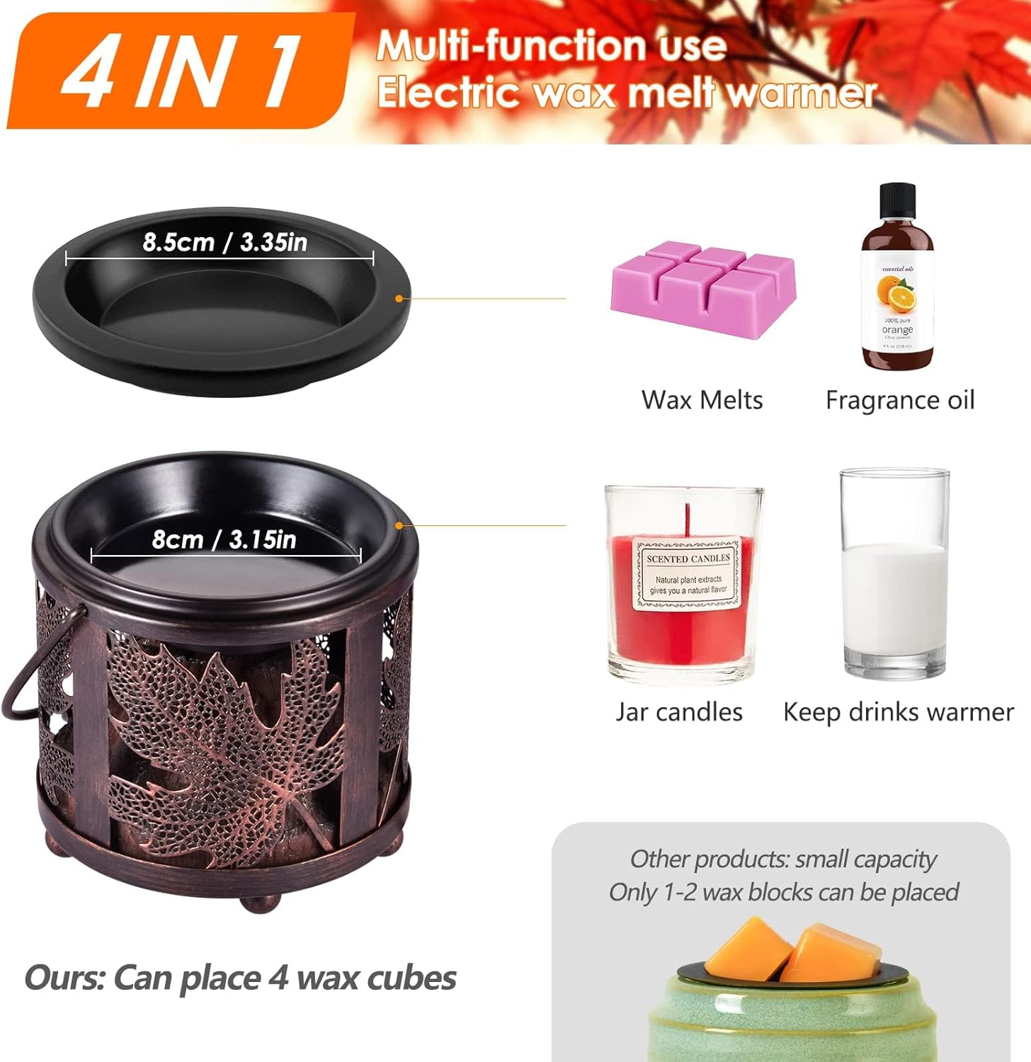 airnasa Electric Wax Melt Warmer showing multi-function use and dimensions