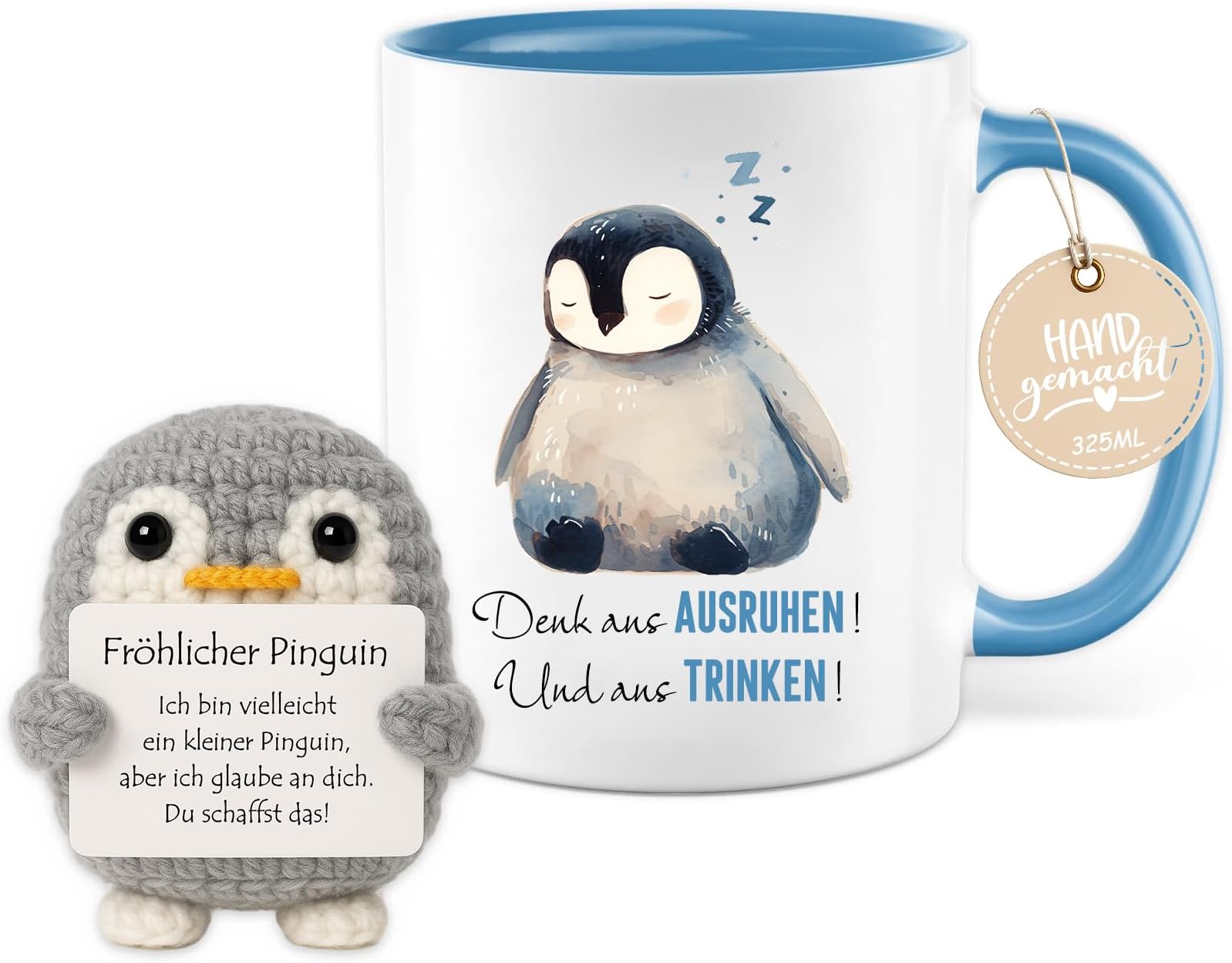 Gift for Women, Men & Children, 325 ml Mug with Knitted Doll, Happy Penguin, Lucky Charm, Birthday, Christmas, Get Well, Exam Gift, Leaving Gift
