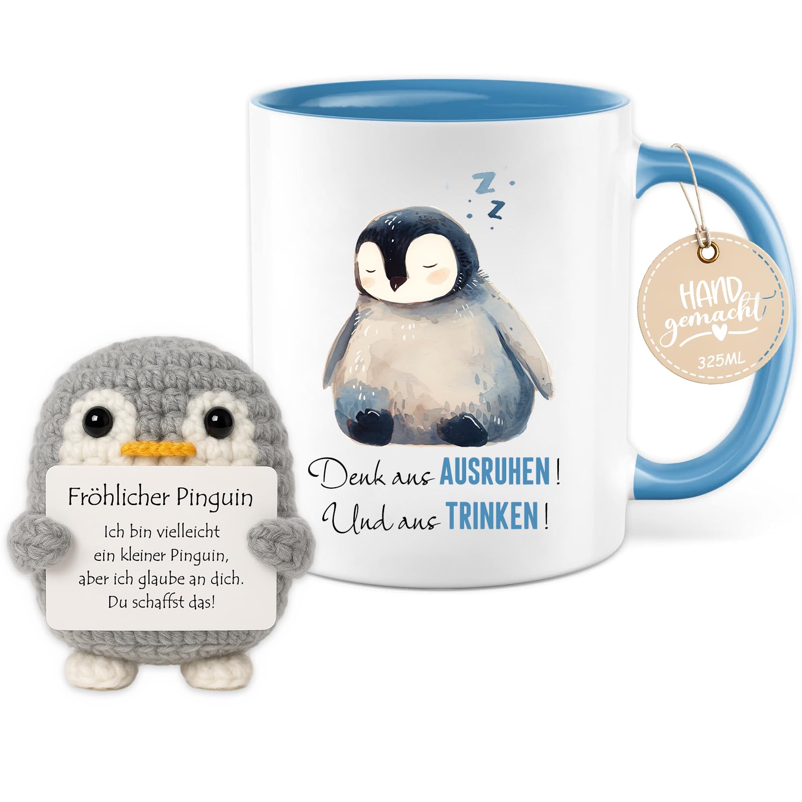 Farbeele Geschenk für Frauen, Männer & Kinder, 325ml Tasse mit Strickpuppe Glücksbringer, Geburtstag, Weihnachten, Gute Besserung, Prüfungsgeschenk, Abschiedsgeschenk