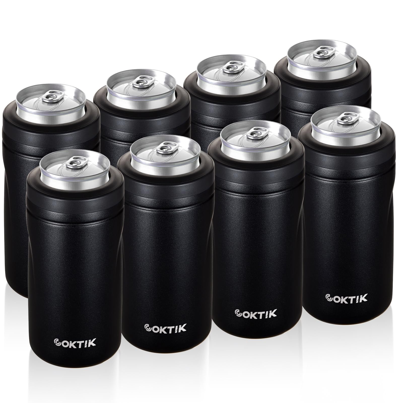 COKTIK Enfriador de latas aislado 5 en 1, paquete de 8 enfriadores de latas delgados de doble pared para latas regulares o delgadas de 12 onzas y 16 onzas y botella de cerveza (negro)
