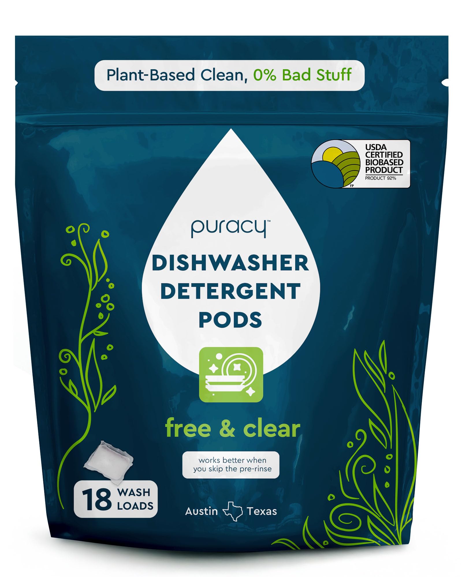 Dishwasher Pods, 18 Count, Natural Dishwasher Detergent, Free & Clear Enzyme-Powered Automatic Dishwasher Pod, Spot and Residue-Free Dish Tabs, 2-in-1 Dishwasher Soap and Rinse Aid