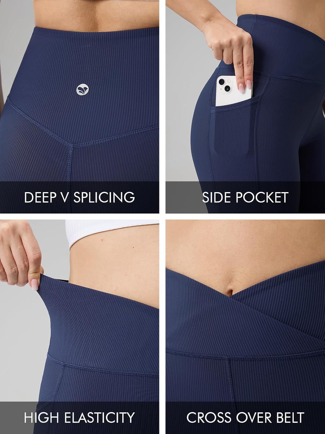 AARYA Women's Ribbed Leggings with Pockets, Cross Front High Waist Compression Workout Yoga Pants Gym Clothes, 25 inch - Image 5