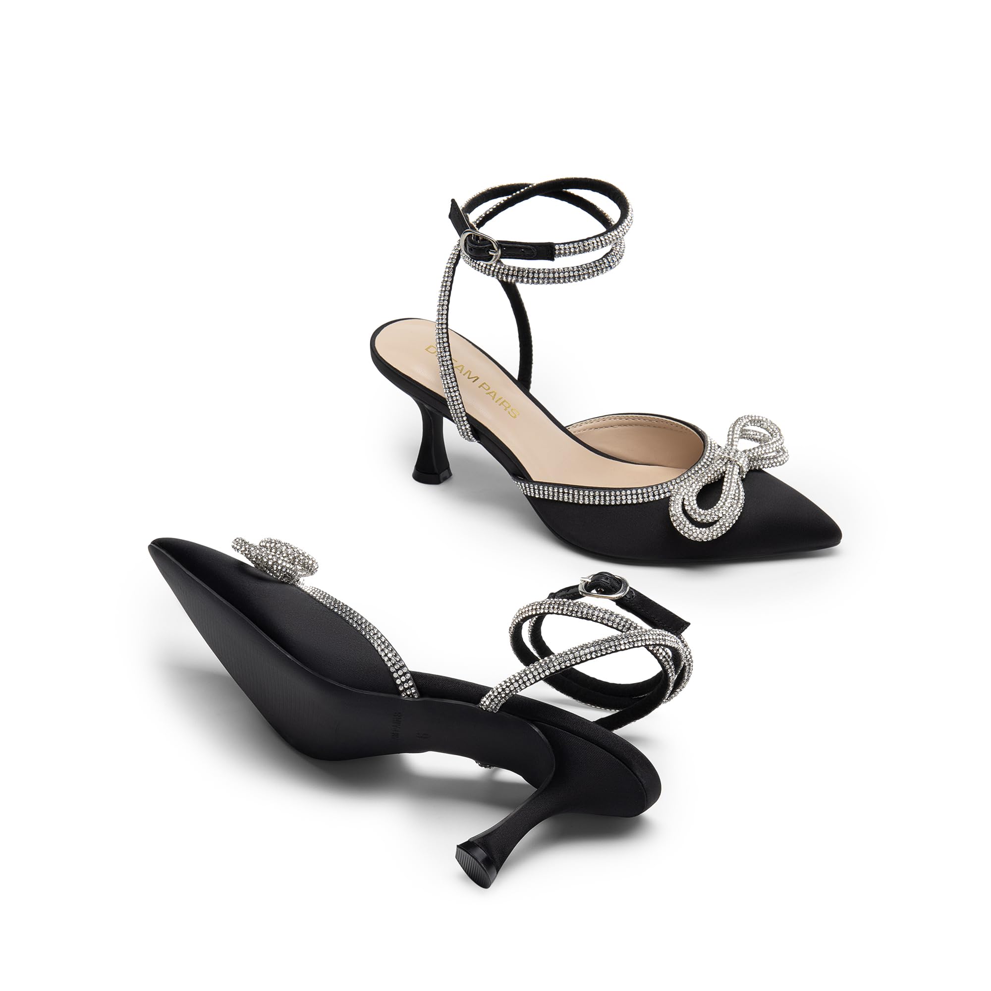 DREAM PAIRS Kitten Heels mit Strassschleife, Knöchelriemen, spitz zulaufende Zehen, Damen Brautschuhe Party Pumps