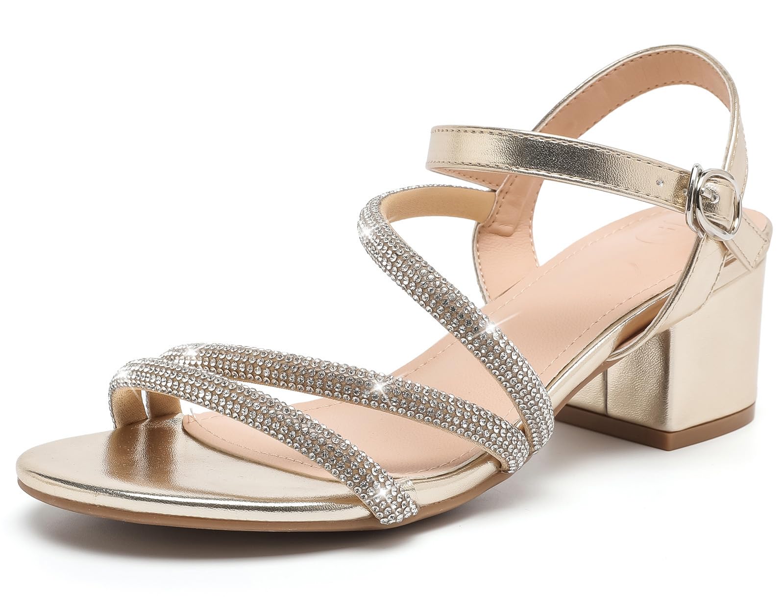 DADAWEN Women's Strappy Open Toe Rhinestone Low Block Chunky Heels Sandals Ankle Buckle Heeled Sandals Wedding Party Dress Pumps Shoes