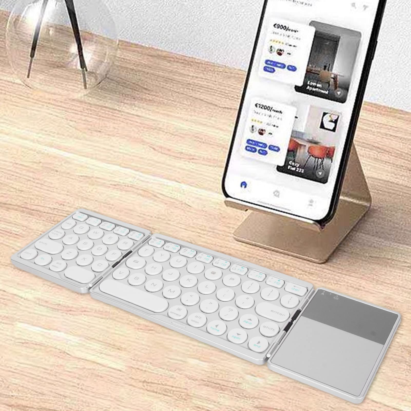 ASHATA Tastiera Bluetooth Pieghevole con Touchpad, Tastiera Bluetooth Pieghevole Portatile Mini Tastiera Wireless Ultrasottile per iOS Android Windows PC Tablet Smartphone (Silver)
