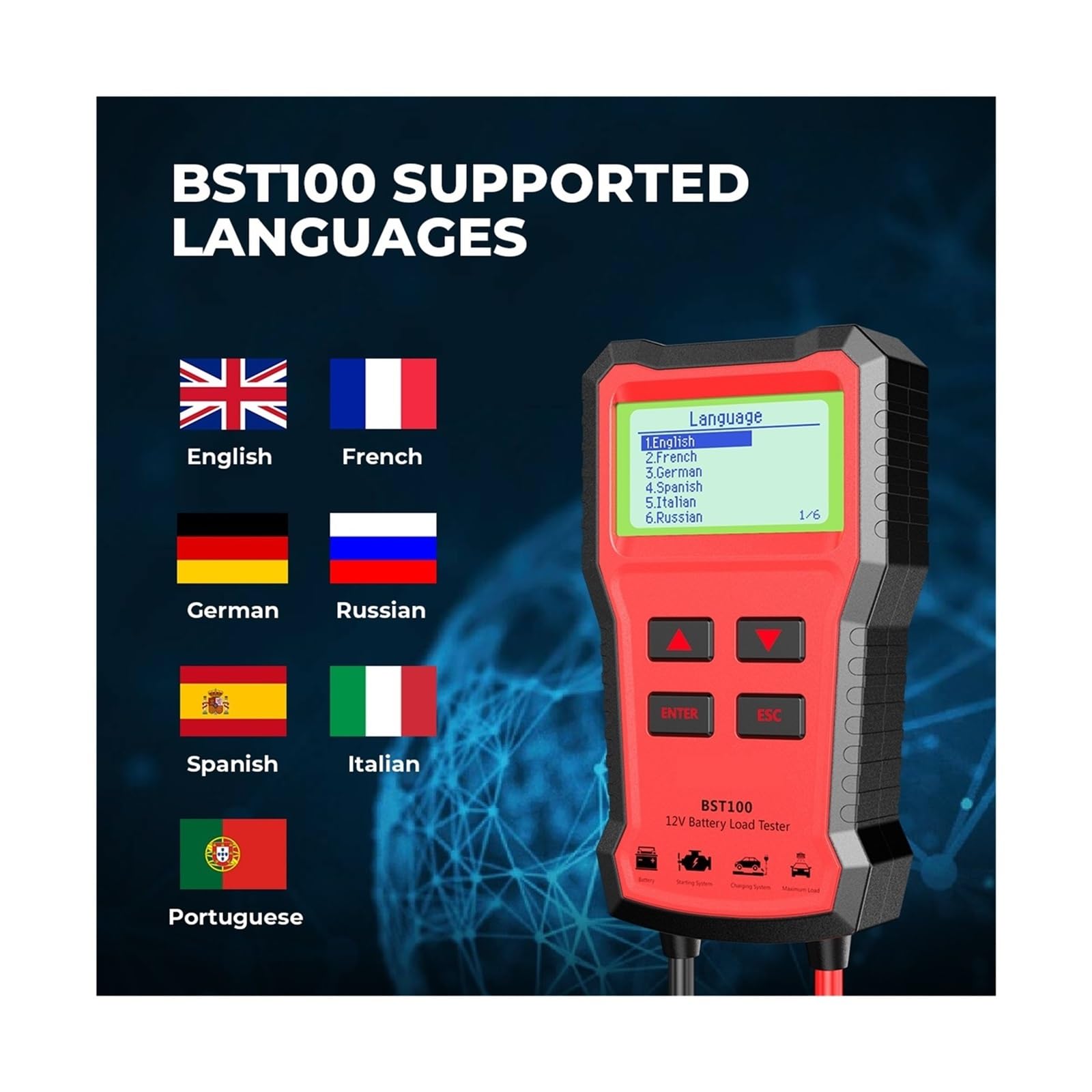 BST100 12V Tester akumulatorów Analizator akumulatorów samochodowych wanie obwodów ładowania rozruchowego 220Ah 2000CCA Wielojęzyczne narzędzie do akumulatorów