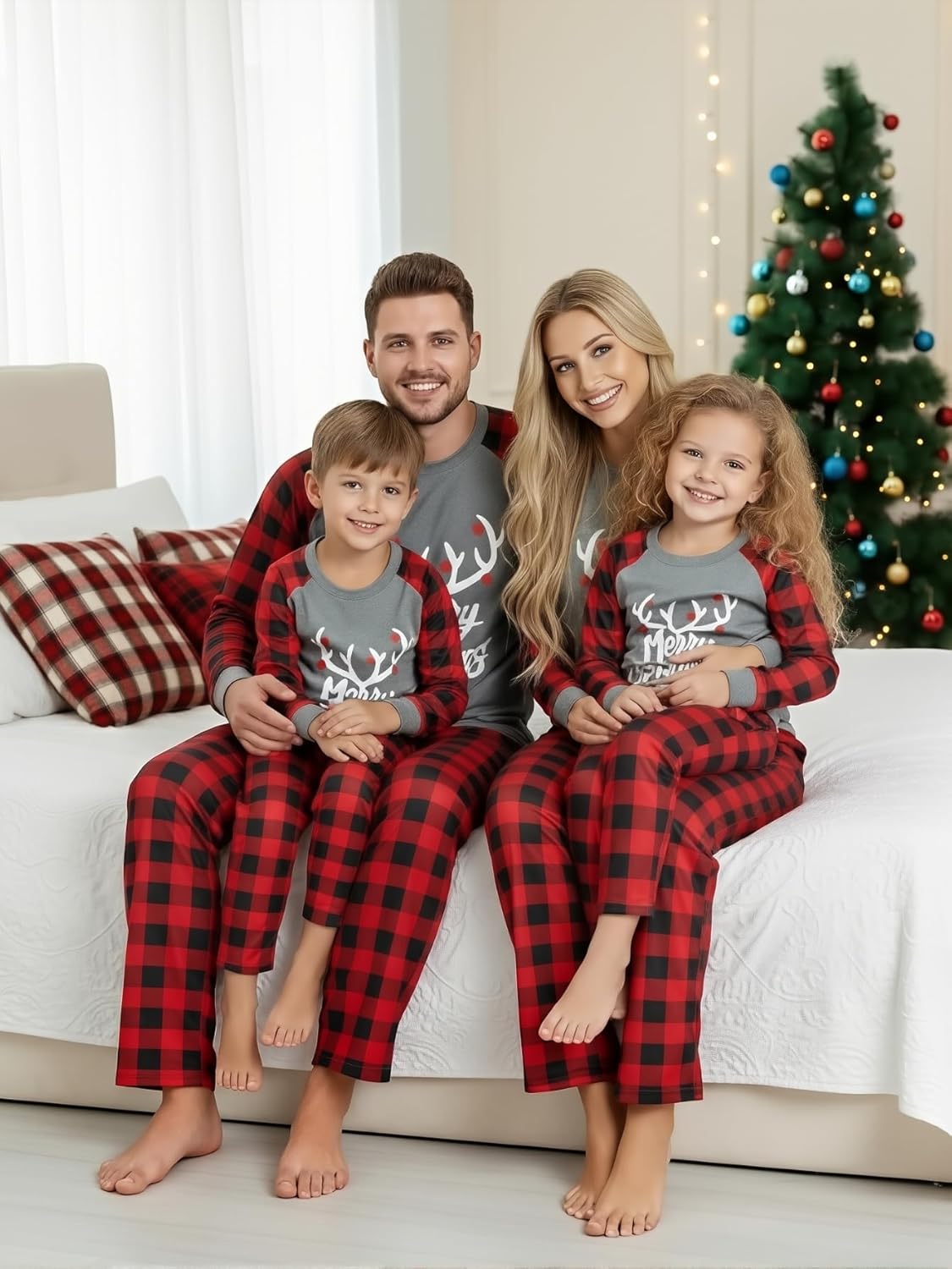IFFEI Matching Family Pajamas Sets Christmas PJ's with Letter and Plaid Printed Long Sleeve Tee and Bottom Loungewear - Image 4