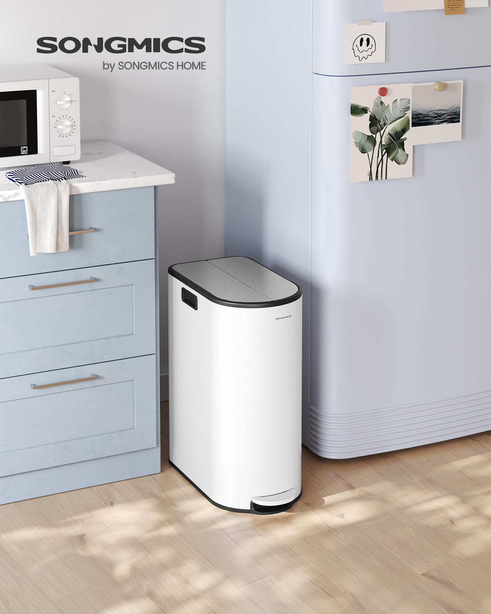 SONGMICS Poubelle de Cuisine Double, 30L et 20L, Poubelle Mince 2 Compartiments pour Tri et Recyclage des Déchets, avec Pédale et Couvercles Ailles, Blanc Nuage et Argent Métallique LTB570W02