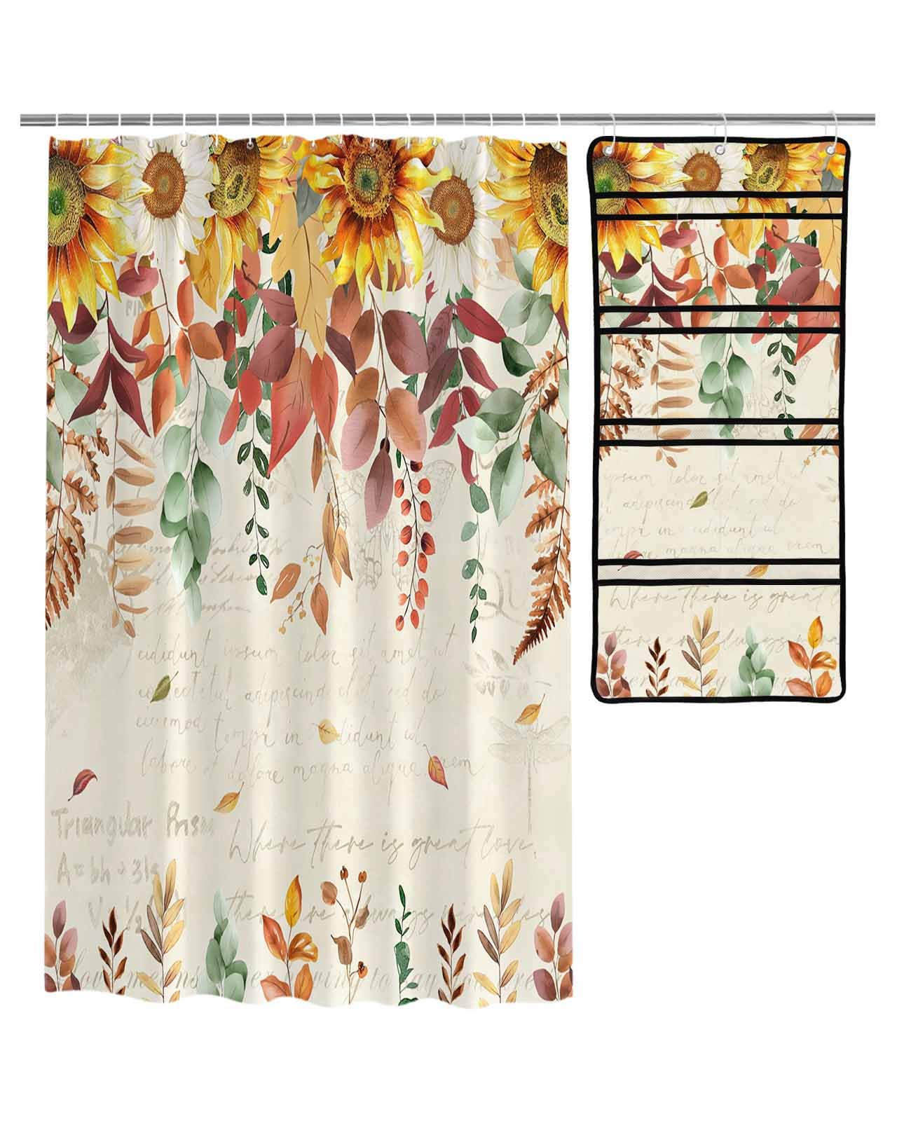 Decorative Shower Curtain Sets Thanksgiving Fabric Waterproof Shower Curtains Vintage Fall Sunflowers Eucalyptus Leaves Beige Mesh Shower Caddy
