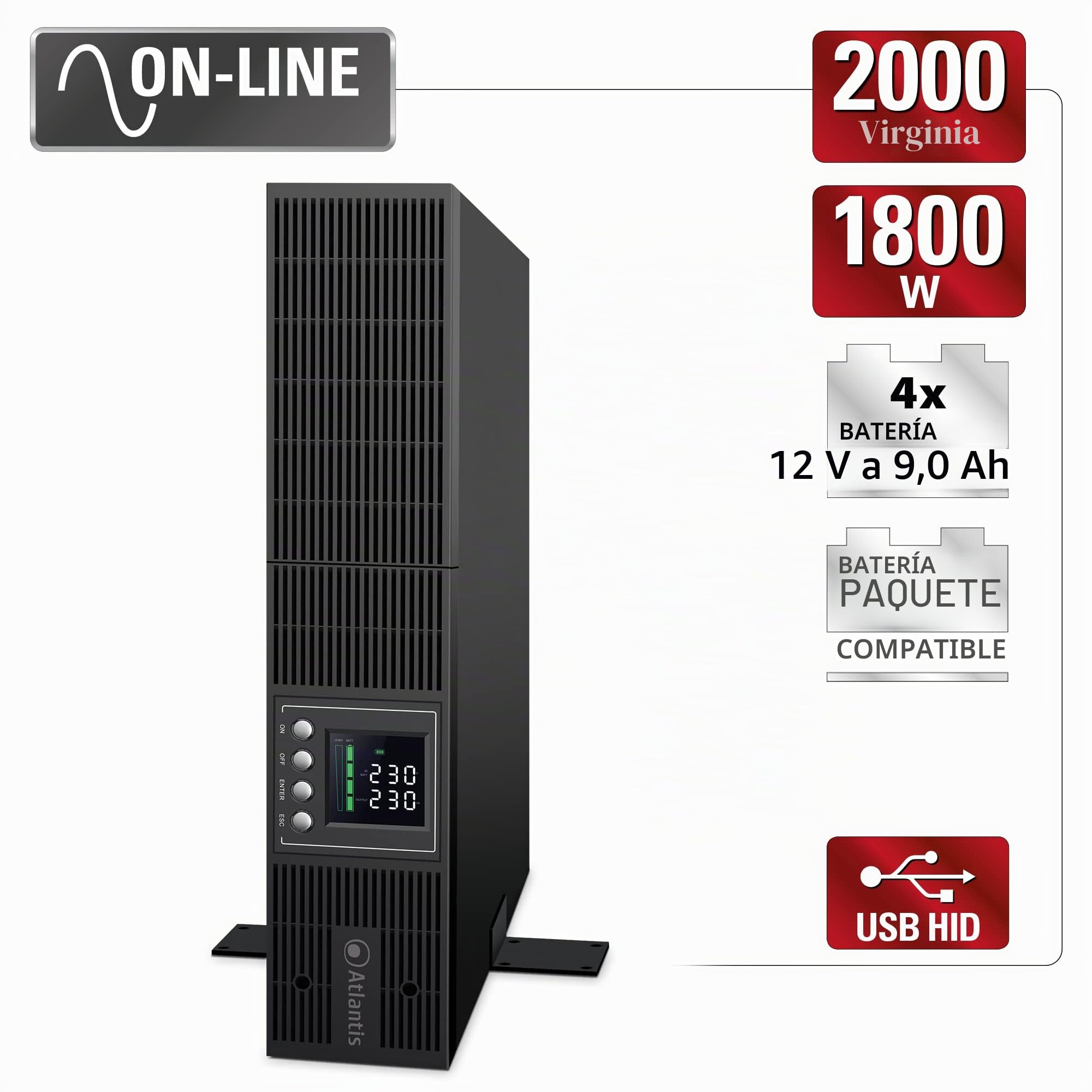 Atlantis A03-OP2002P-RC PRO UPS Sistema de alimentación ininterrumpida OnLine doble conversión onda sinusoidal pura 2000VA 1800W, servidor RACK, pantalla LCD, USB, RS232, 8 IEC, ranura SNMP, 4x12V 9Ah