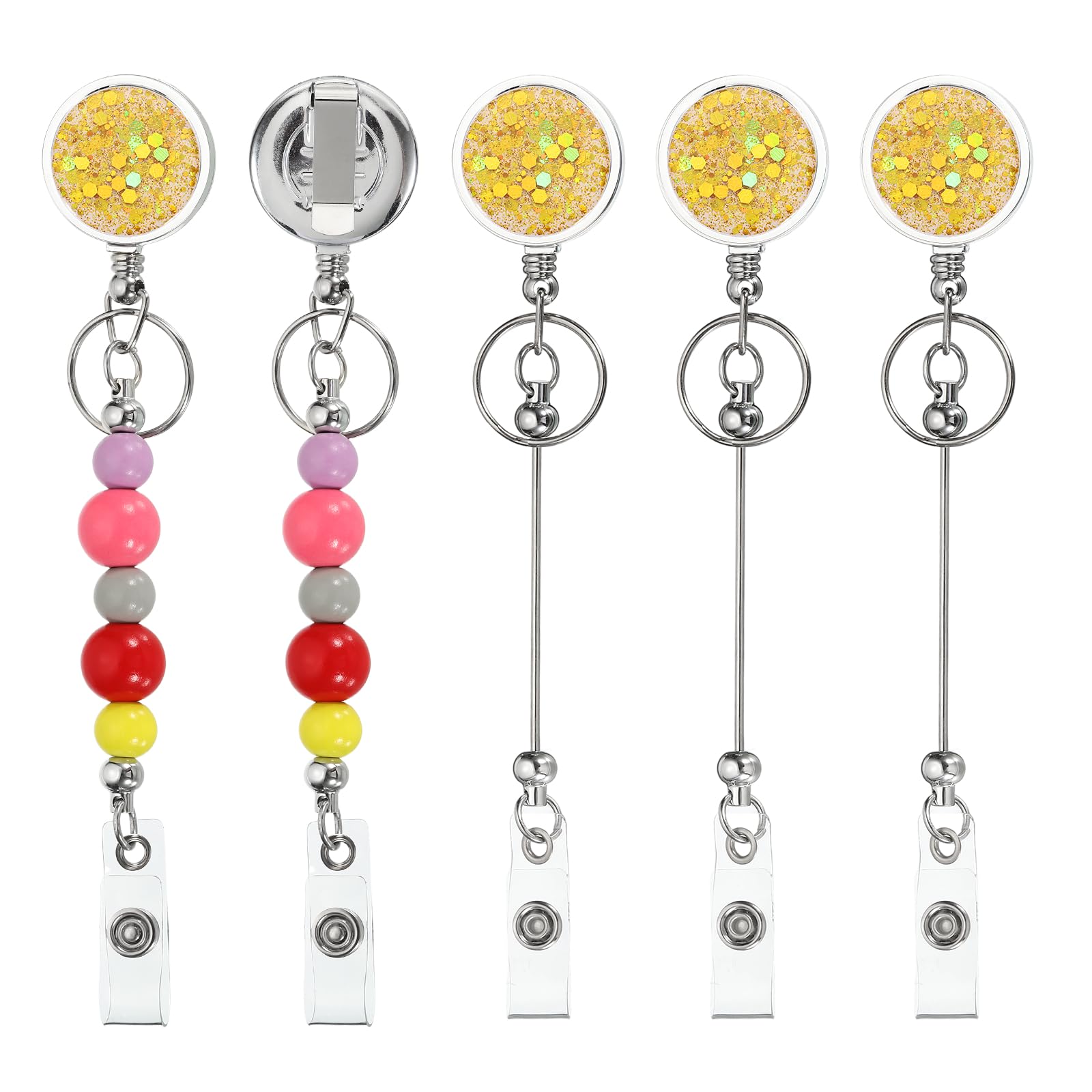 PATIKIL Beadable Badge Reels, 5 Pcs Bead Retractable Badge Holder, Retractable Bead Reel Keychain Blank Bar with Belt Clip for ID Name Key Teachers Office Workers DIY Gift, Gold
