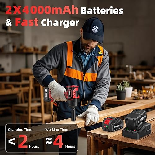 Miniatura 4 de Llave de impacto inalámbrica, pistola de impacto eléctrica de 1500 Nm1106 pies-libras de 12 pulgada con baterías de 2 x 4.0 Ah, destornillador de