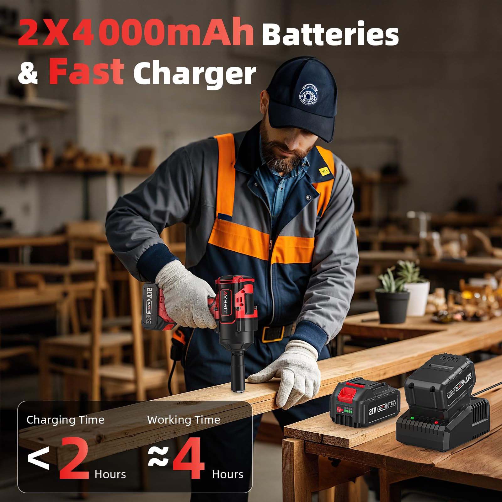 Bezszczotkowy bezprzewodowy klucz udarowy 1300 Nm z dwoma akumulatorami 4000 mAh, 1/2" 21 V elektryczna wkrętarka udarowa do samochodu i domu, z 4 gniazdami udarowymi