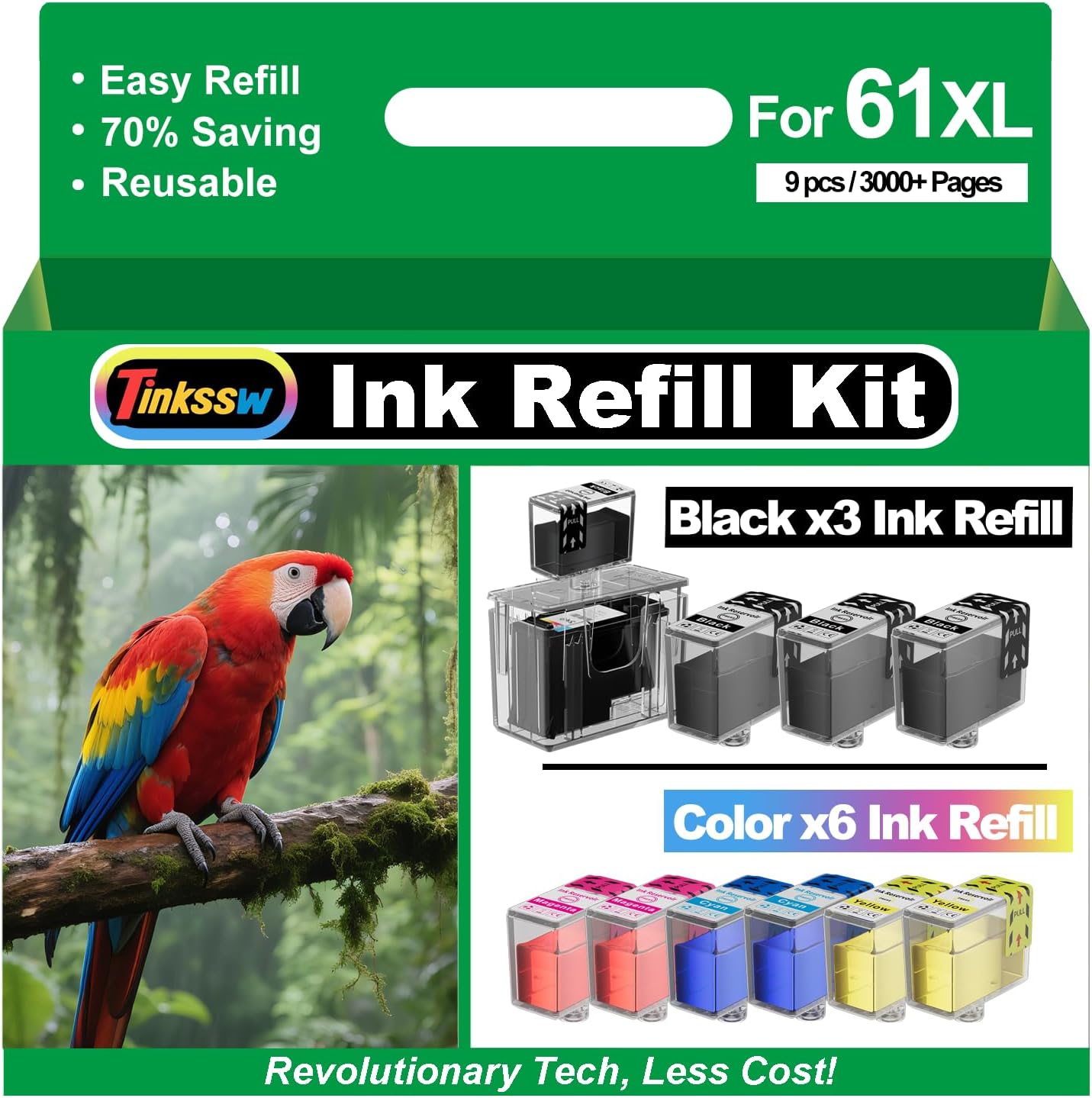 61XL Ink Refill Kit Compatible for HP 61XL Ink Cartridge Compatible for Envy 5530 4500 4530 4635 4501 5535 2542 OfficeJet 4630 4632 DeskJet 2540 3050 3510 (9Pack, 3Black 2Cyan 2Magenta 2Yellow)