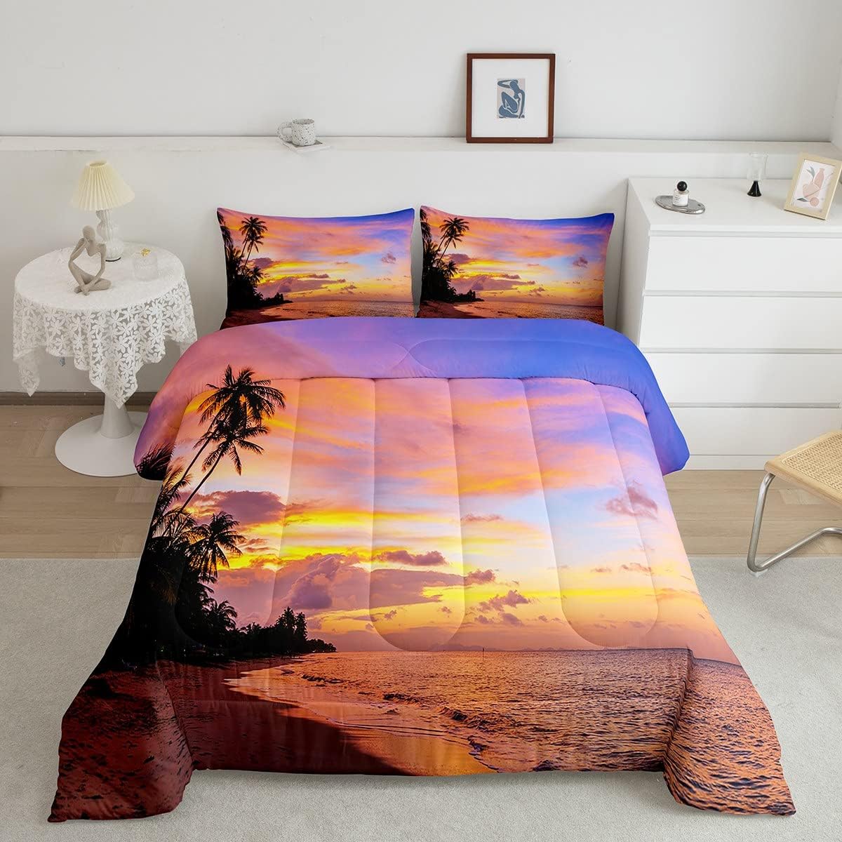 Feelyou Beach Ocean Comforter Tropical Hawaiian Bedding Set for Kids Comforter All Season Palm Tree Marine Sunset Decor Comforter Set Twin Size, 1 Pillowcase Boys Multi 05 Twin