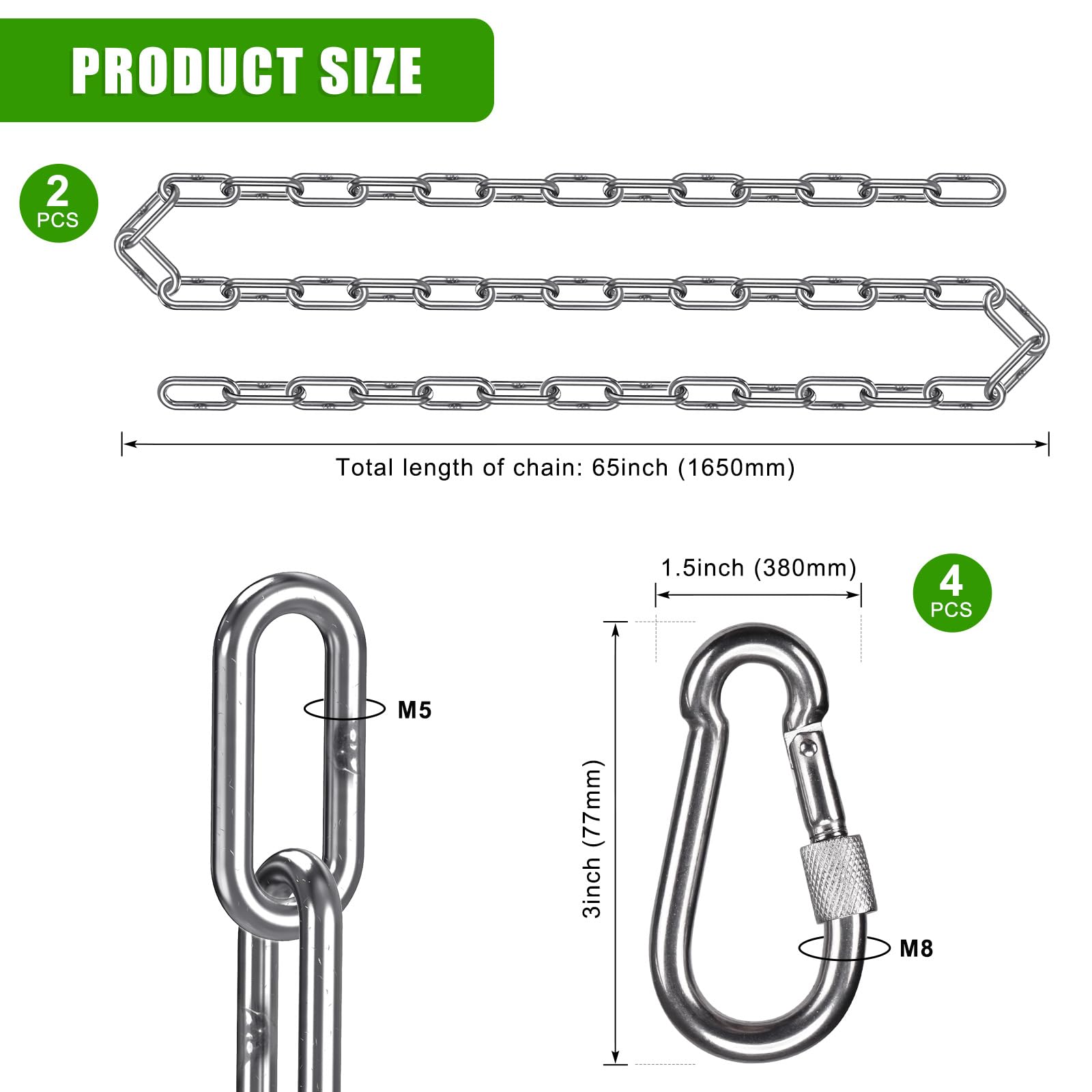 2 cadenas de columpio de acero inoxidable de 65 pulgadas (5.5 pies) de capacidad de 1000 libras con ganchos, cadenas de silla colgantes para sillas hamaca, columpios, sacos de boxeo, sillas de huevo