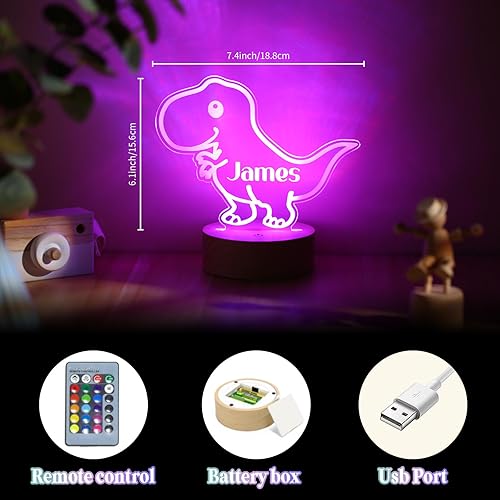 Miniatura 6 de Luz nocturna personalizada con nombre de regalo para bebés, decoración de guardería con luz acrílica de dinosaurio, incluye control remoto y cambio