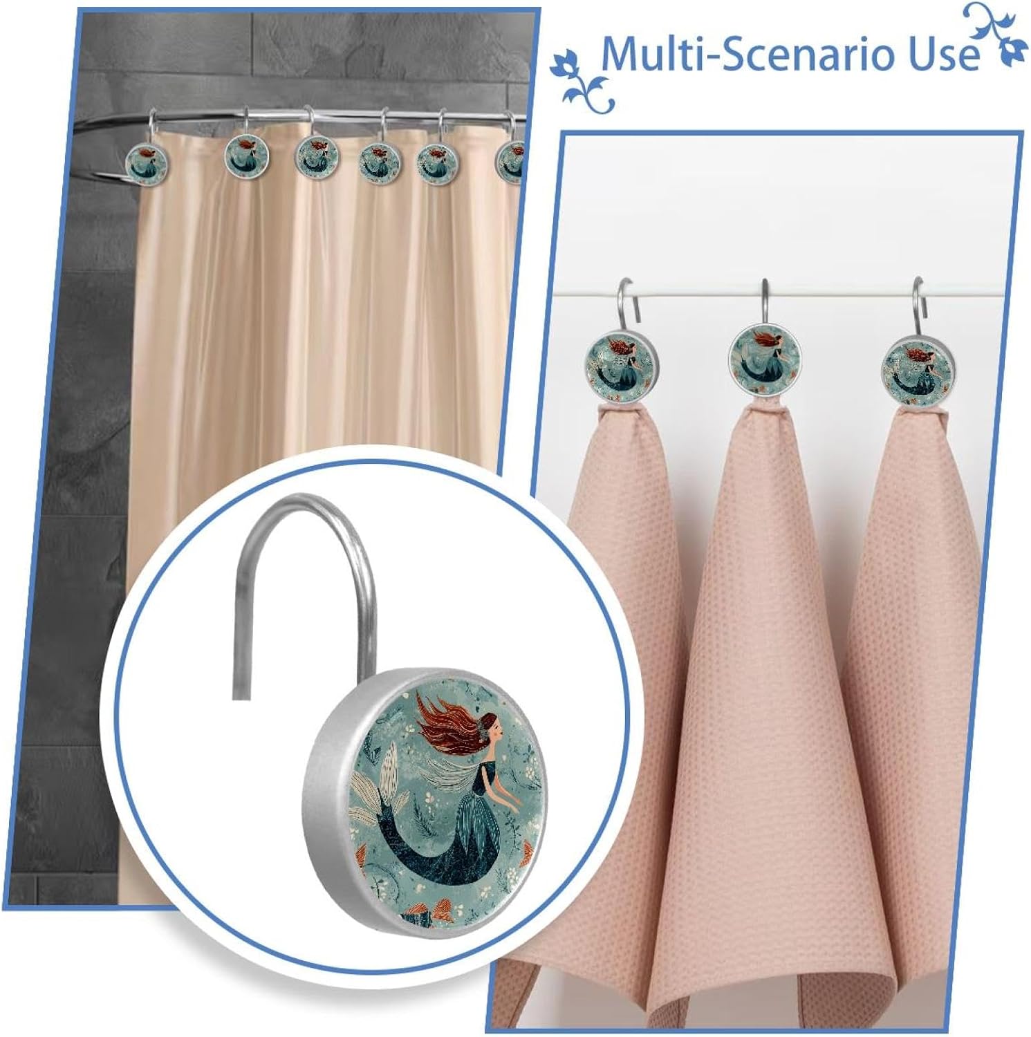 Set of 12 Fish Mermaid Pattern Shower Curtain Hooks, Stainless Steel Shower Hangers for Bathroom, Rustproof Decorative Shower Rings for Bedroom Living Room Shower Curtain Rod