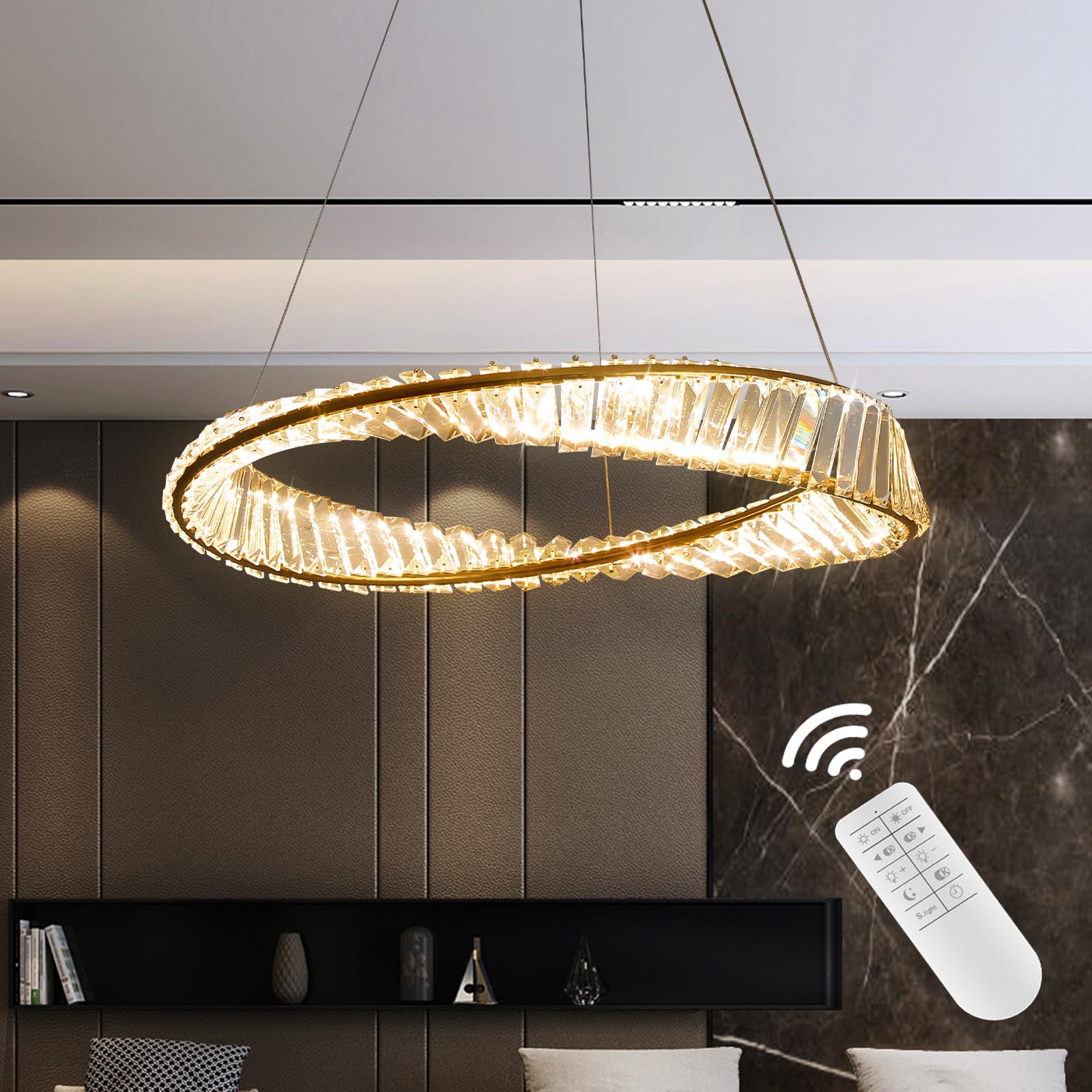ZenithBeam Led Pendant Light Living Room,with Stainless Steel Crystal Irregular Ring Chandelier, Modern Dimmable K9 Crystal Bedroom Hanging Lights,for Restaurant, Kitchen, Hotel Pendant Lighting 60Cm
