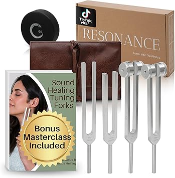 Resonance Tuning Fork for Healing Set 128Hz, 136.1Hz, 256Hz, 384Hz for Stress Relief, Sleep, Chakra Balance and Nervous System Reset | Activator + Pouch | Weighted & Unweighted
