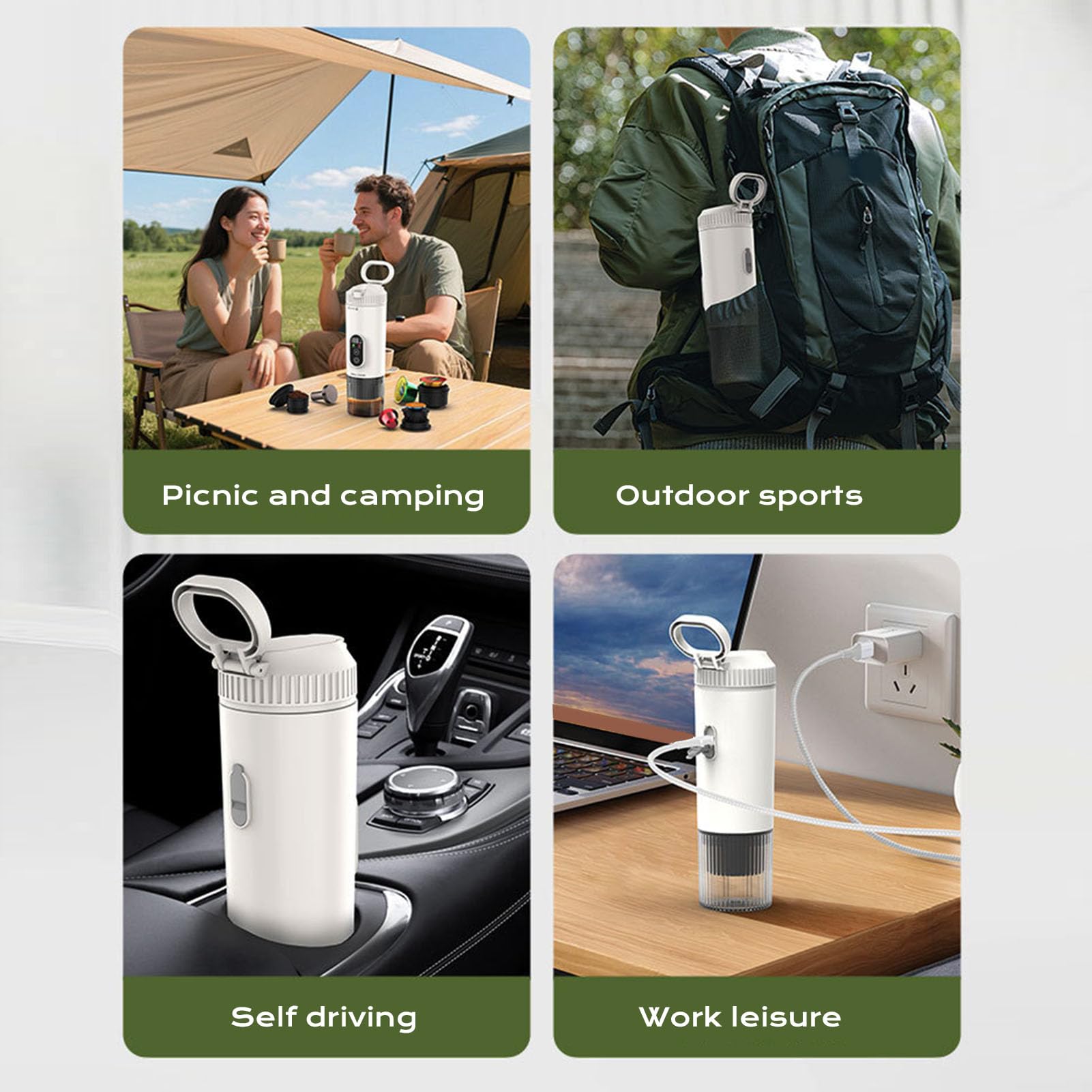 Cafetera portátil 100W 21Bar Máquina de café con cápsula calefactora inalámbrica Batería recargable de 7800mAh Capacidad de taza de 250ML para viajes en coche Camping al aire libre (Blanca)