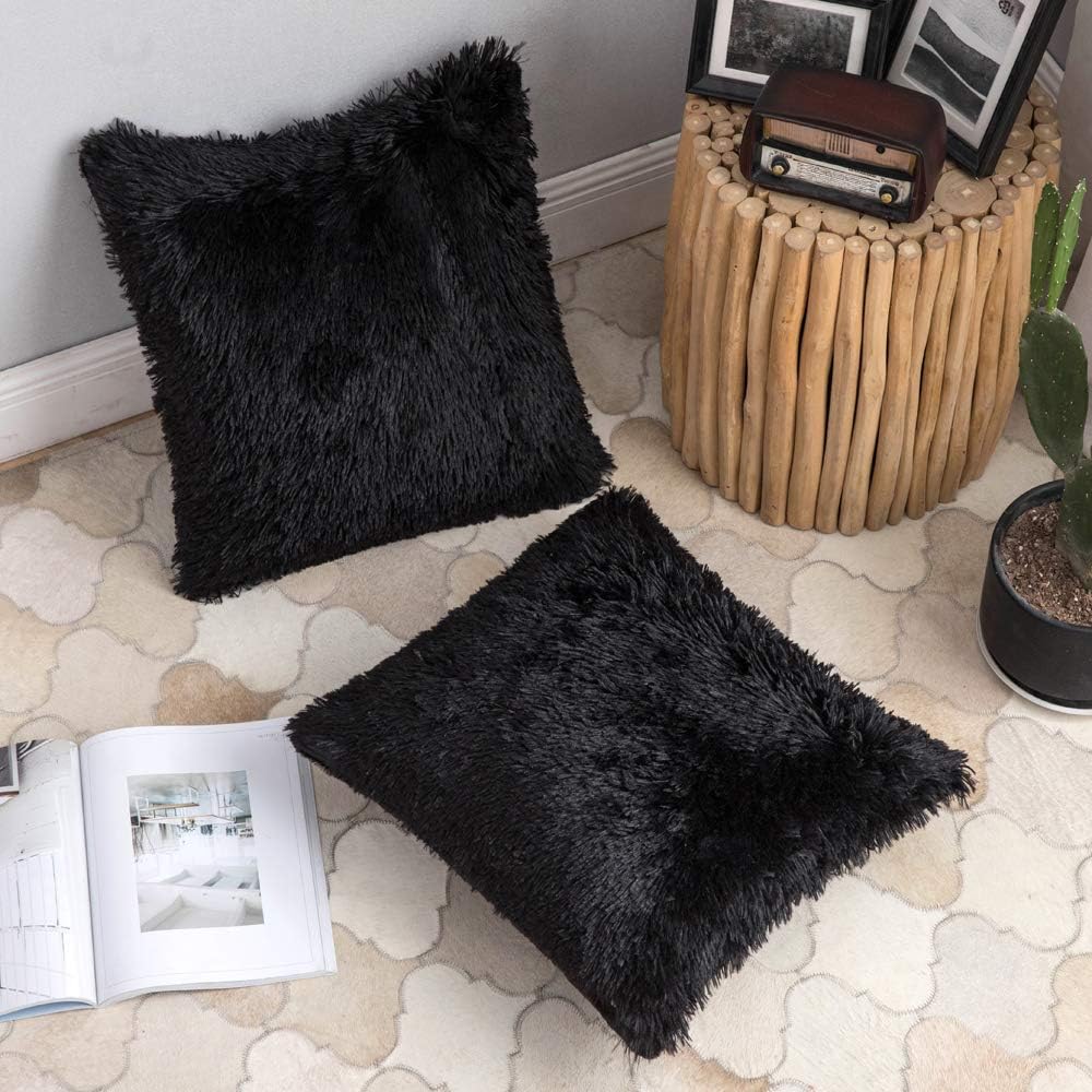 ANRODUO Pack of 2 Black Throw Pillow Covers Luxury Fluffy Pillows Faux Fur Decorative Pillows Plush Cushion Case Fuzzy Mongolian Merin Style for Bed Couch Sofa Living Room Spring Decor 24x24 Inch